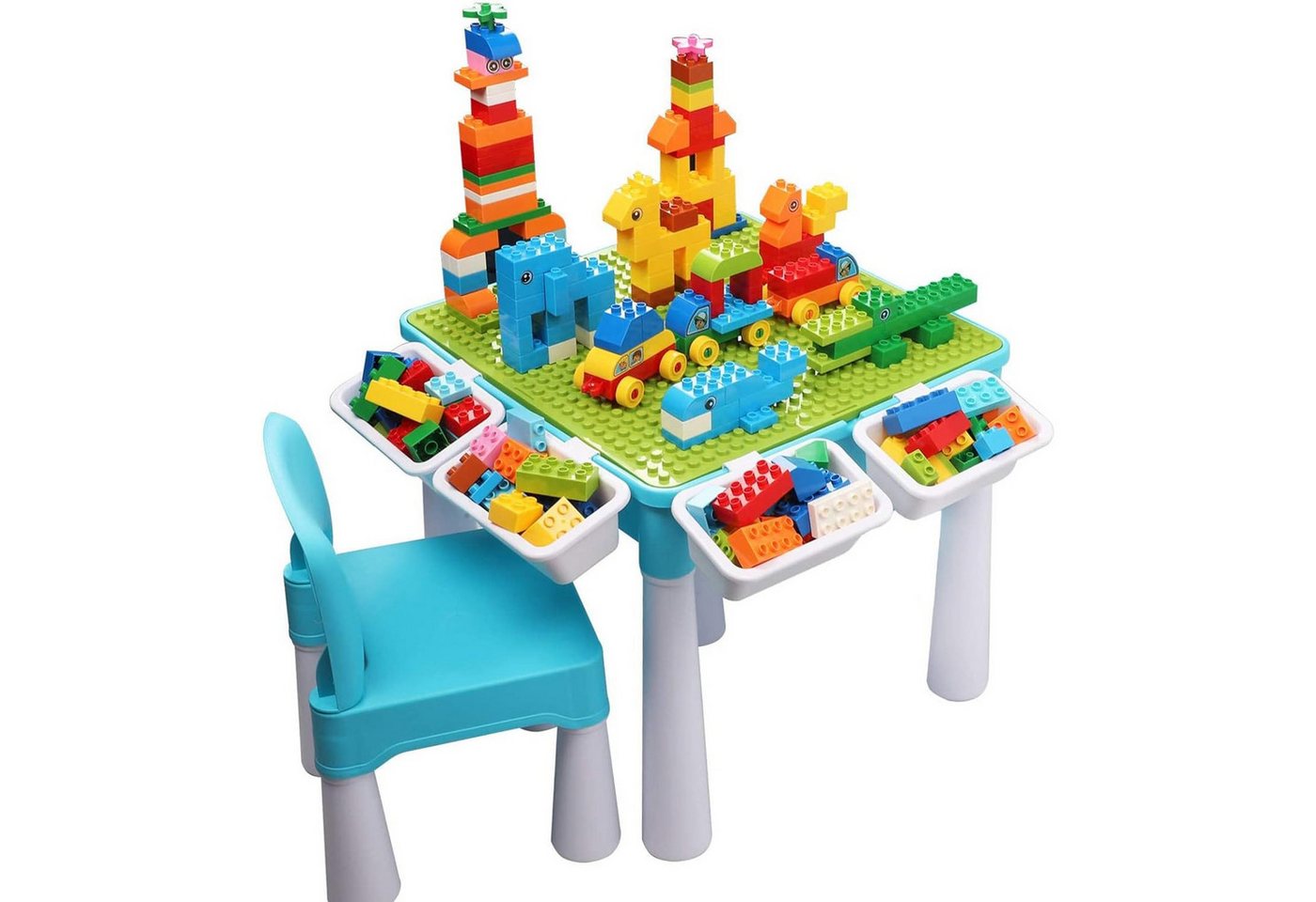 TUWENA Kindertisch 5-in-1-Kinder-Aktivitäts-Tischset mit 128 Teile Bausteinen Spielzeug, Spieltisch Enthält 1 Stuhl und Bausteintisch mit Aufbewahrung