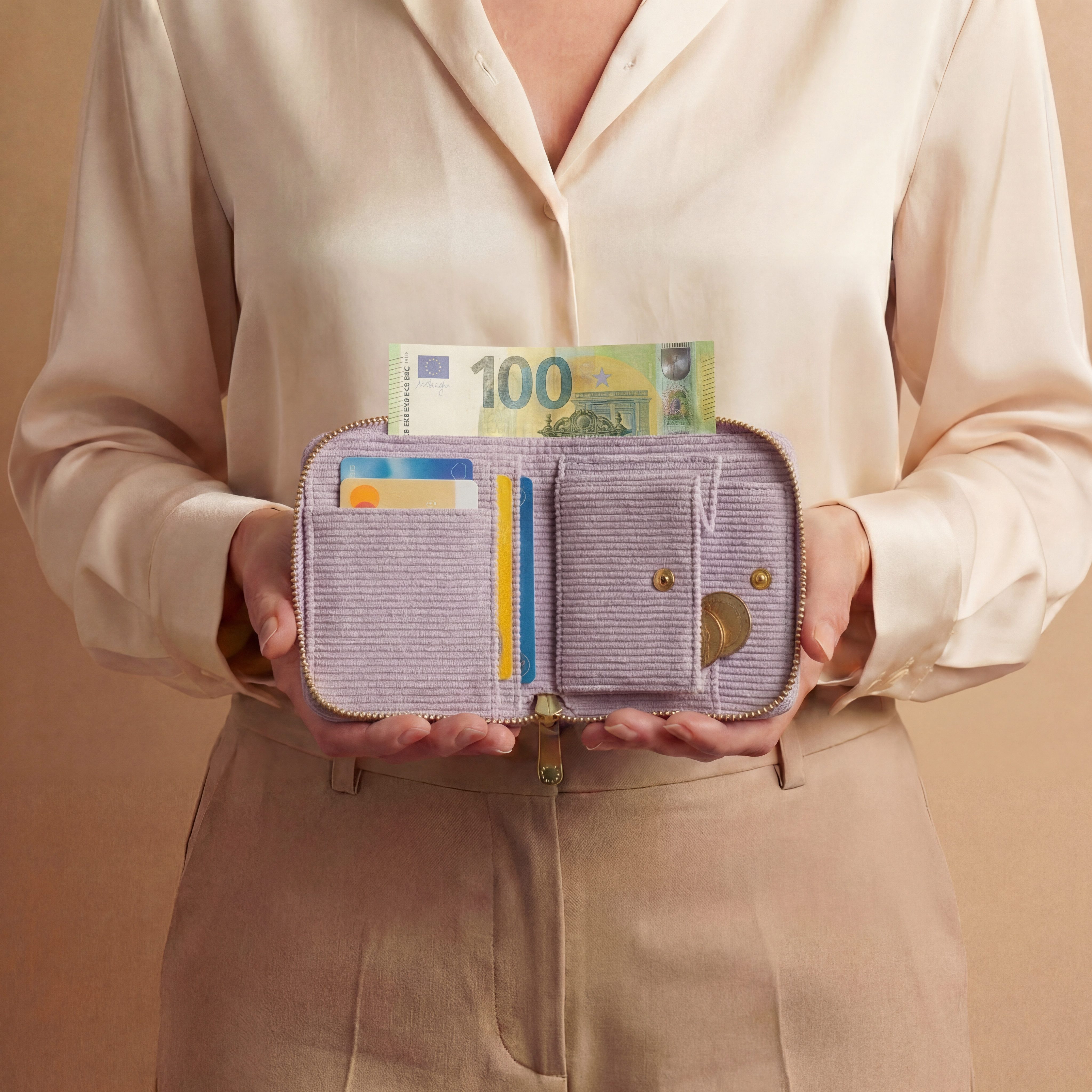 MillyMilk Geldbörse Kord Geldbeutel FONDO Damen – Mini Portemonnaie Stoff Pastell klein, Formstabil & kompakt – kein labberiges Säckchen!