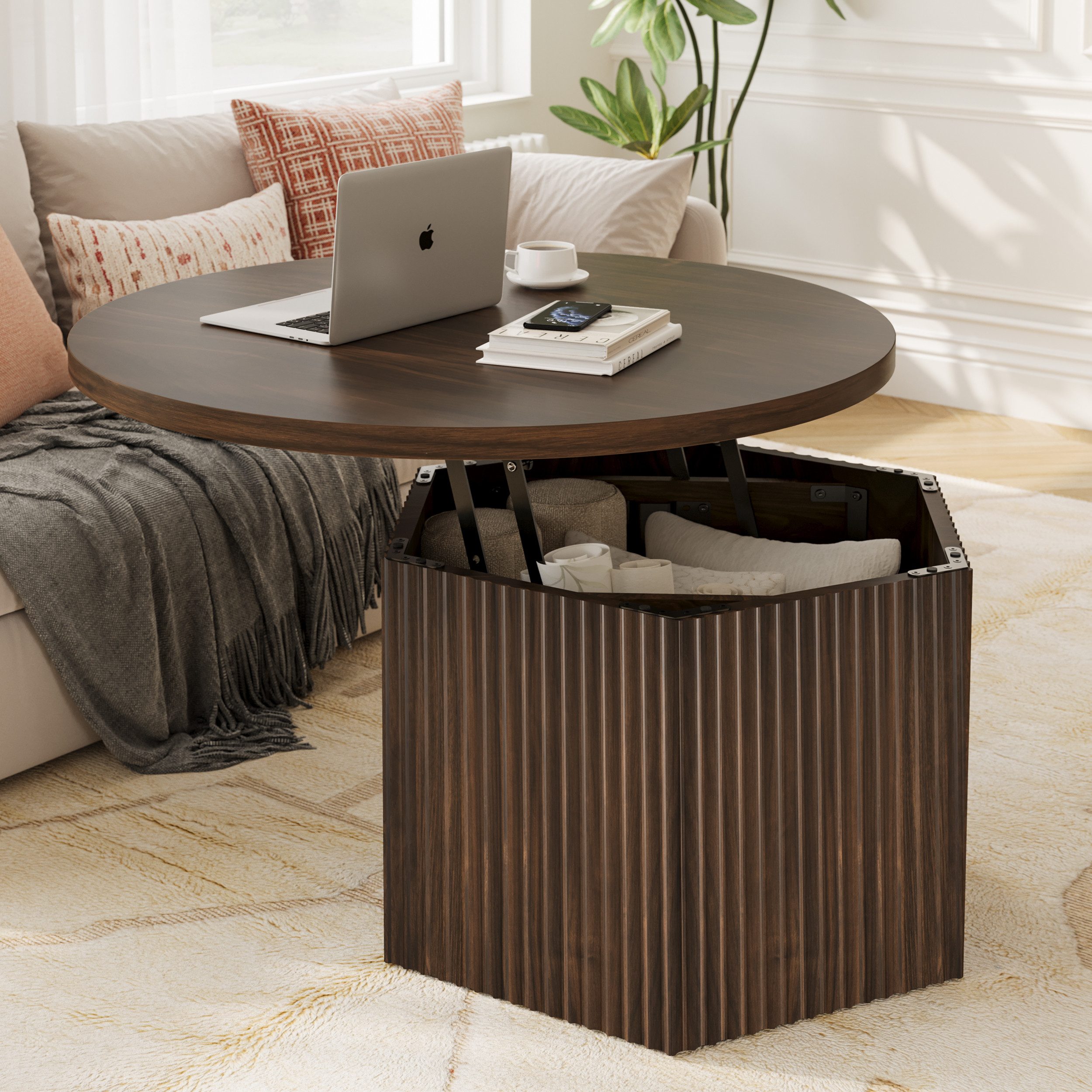 FABATO Couchtisch rund Ø 80 cm mit Liftfunktion, höhenverstellbar 50–61 cm (1-St), versteckter Stauraum und Trommelsockel in 3D-Rillenoptik, Dunkelbraun – Bild 2 von 5