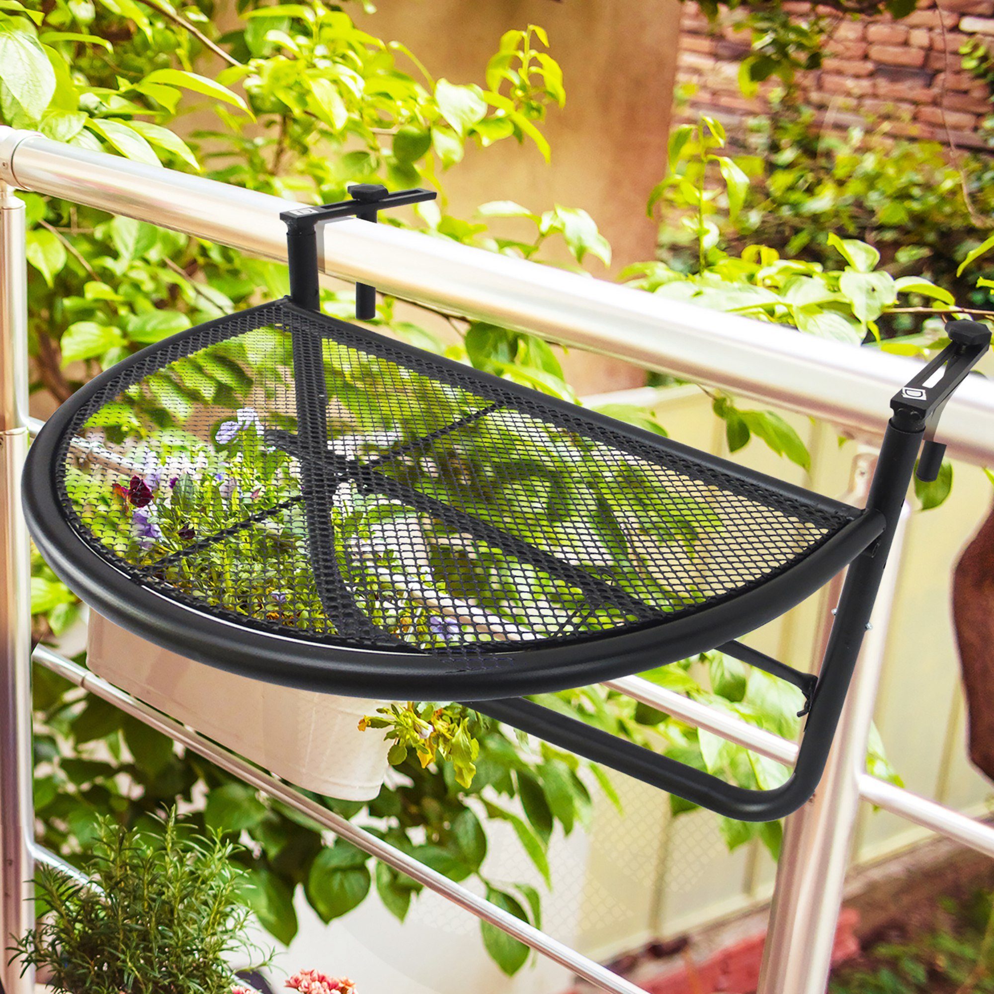 Outsunny Balkonhängetisch höhenverstellbar halbrund Terrasse (Gartentisch, 1-St., Gartenbalkonmöbel), Schwarz 60 x 47 x 50 cm