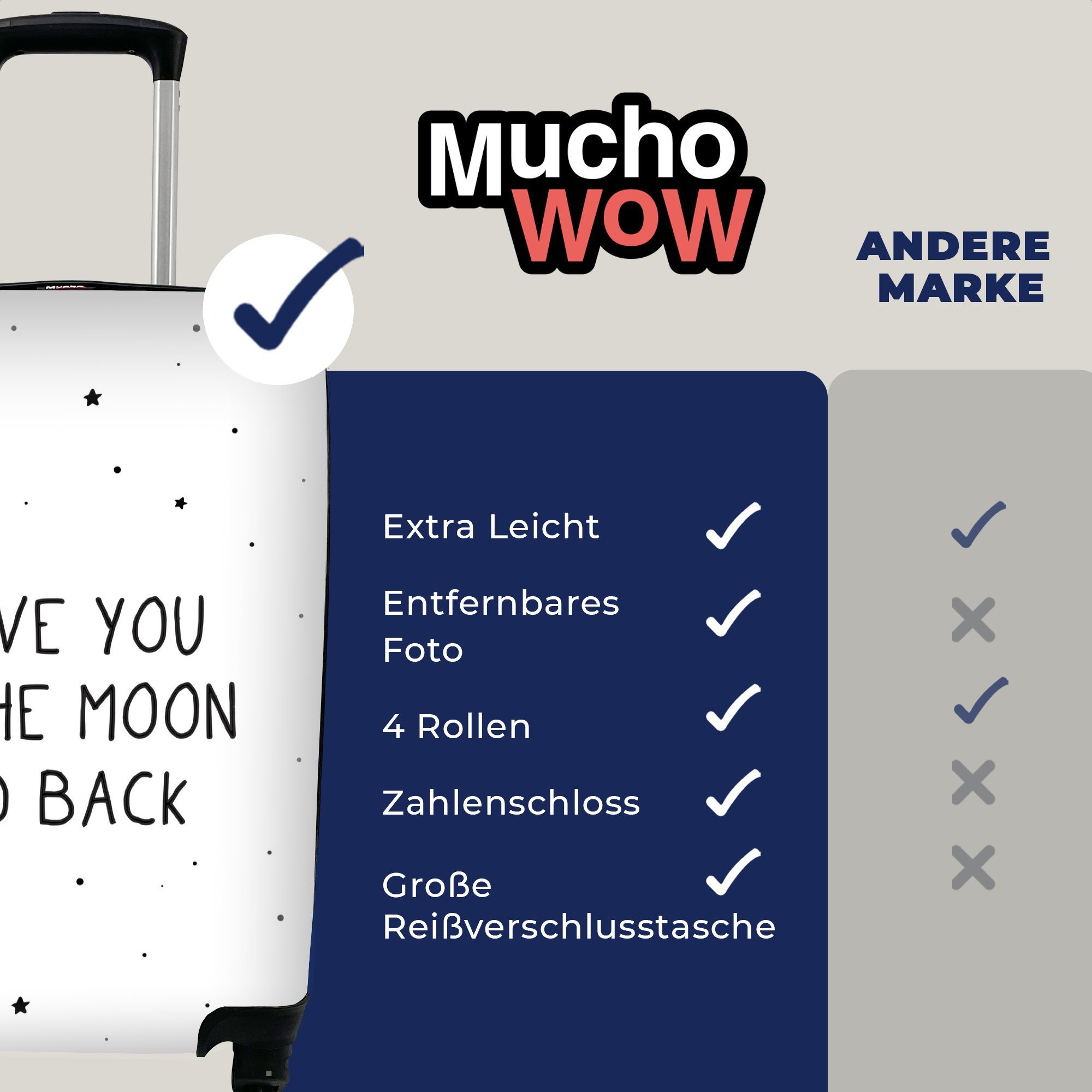 MuchoWow Handgepäckkoffer Zitate Handgepäck - 4 bis -, zum rollen, Ferien, und liebe Mond zurück für Baby Ich Reisetasche Trolley, - dich Liebe Reisekoffer mit Rollen, 