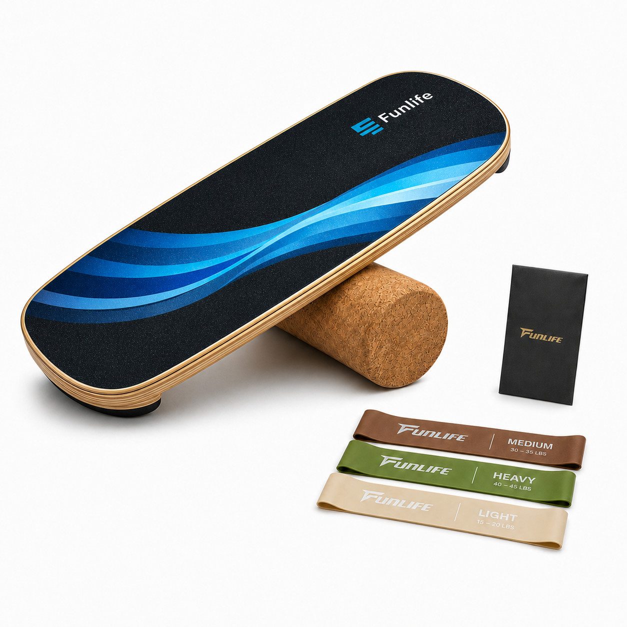 FunLife Balanceboard Design-Edition – einzeln oder mit 3 Widerstandsbändern, Wackelbrett aus Birkenholz mit Korkrolle, bis 150 kg belastbar