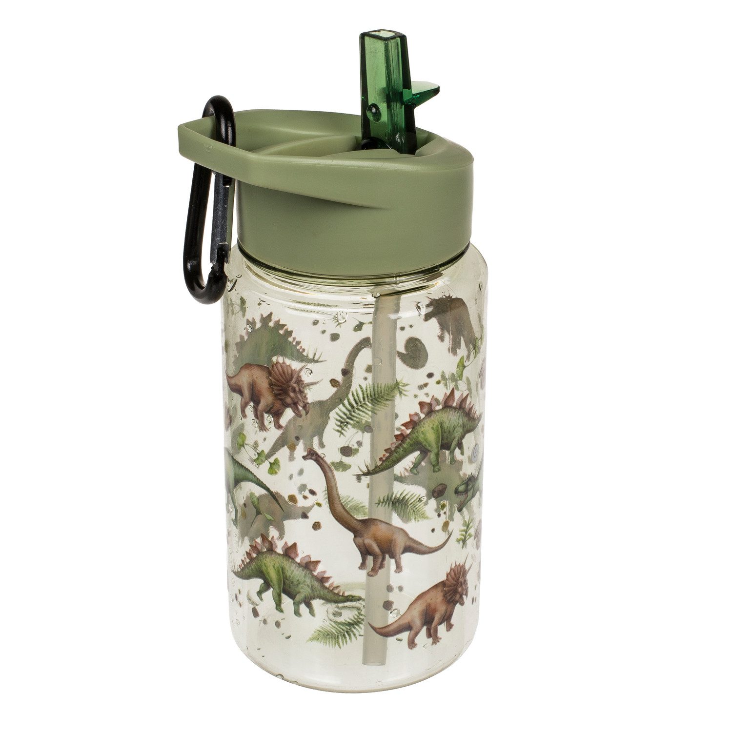 Out of the Blue Trinkflasche Dinosaurier Trinkflasche mit Trinkhalm und Karabinerhaken