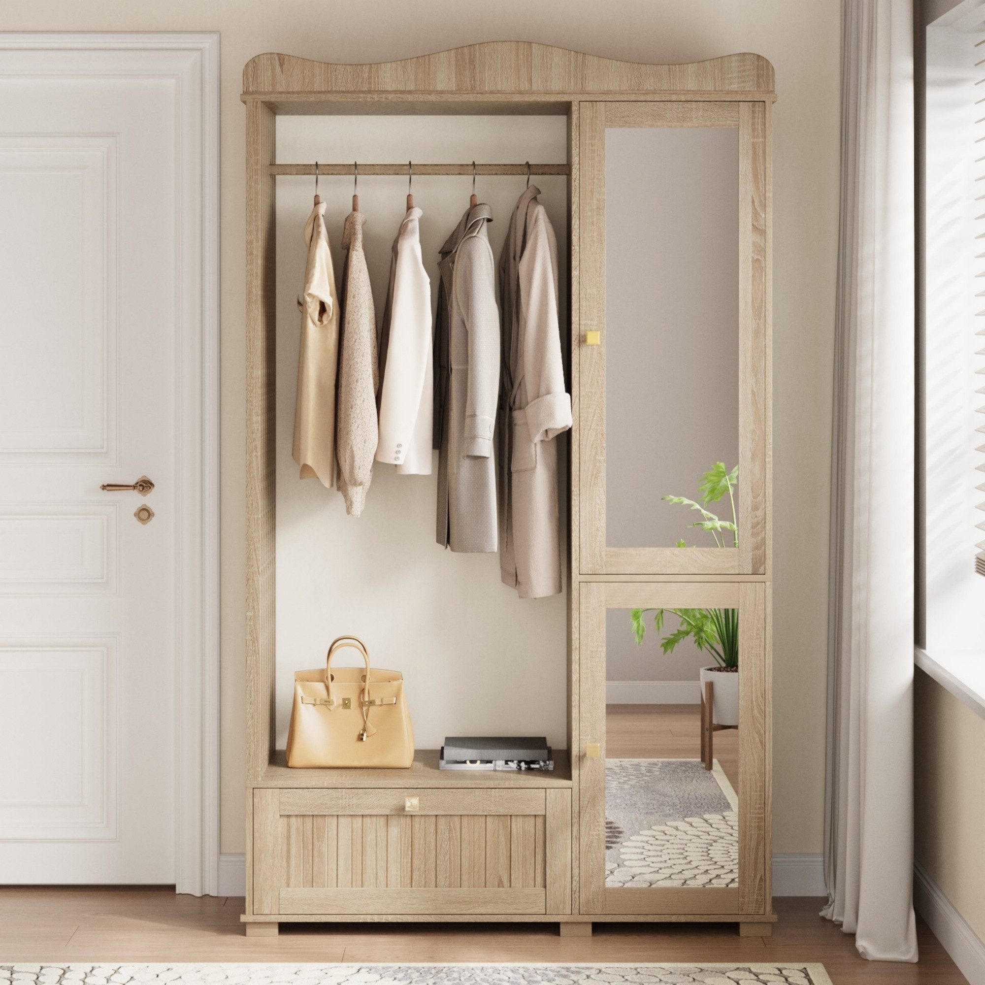 OKWISH Garderobenschrank 115,5x194,5x38,5 cm mit Spiegel & offenem Kleiderständer (Set, 1-St., Mit Schublade & 2 Türen, kompakt & praktisch) Ideal für die Aufbewahrung in Schlafzimmer & Flur
