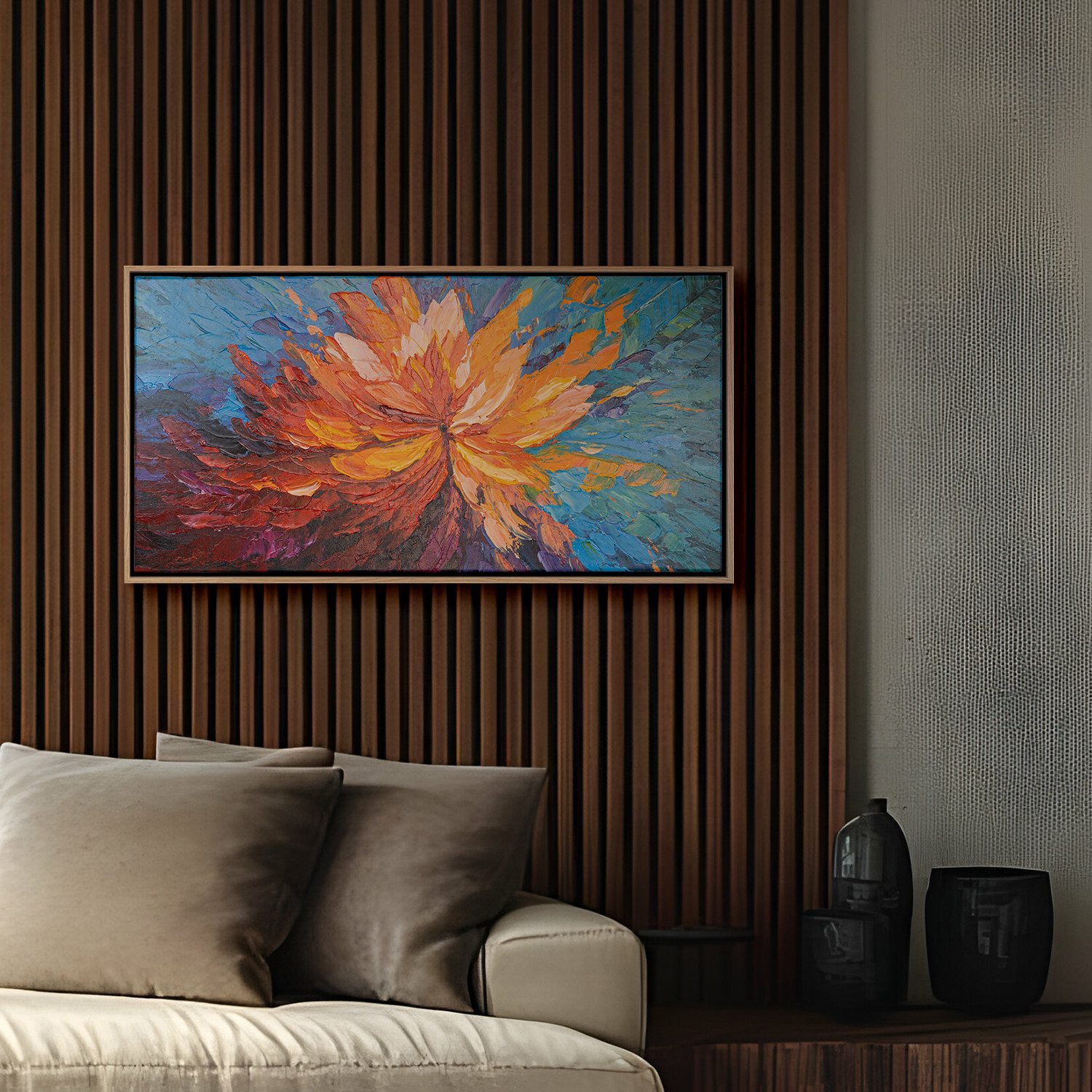 AUREDAS Gemälde "Balance im Chaos", Gemälde, 120x60cm, Rahmen hell, Abstrakt, Urban, handgemaltes Acrylgemälde, Panorama Format