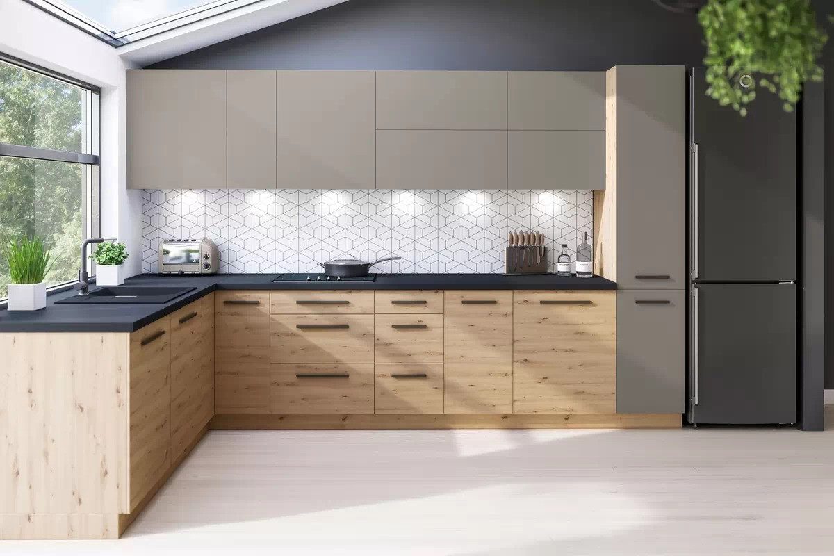 ROYAL24_MARKT Winkelküche K66-G210 - Langen - Hoher Luxus mit smartem Design, (Komplett Set), Premium - Modern - Exzellent - Matt - Holzoptik.