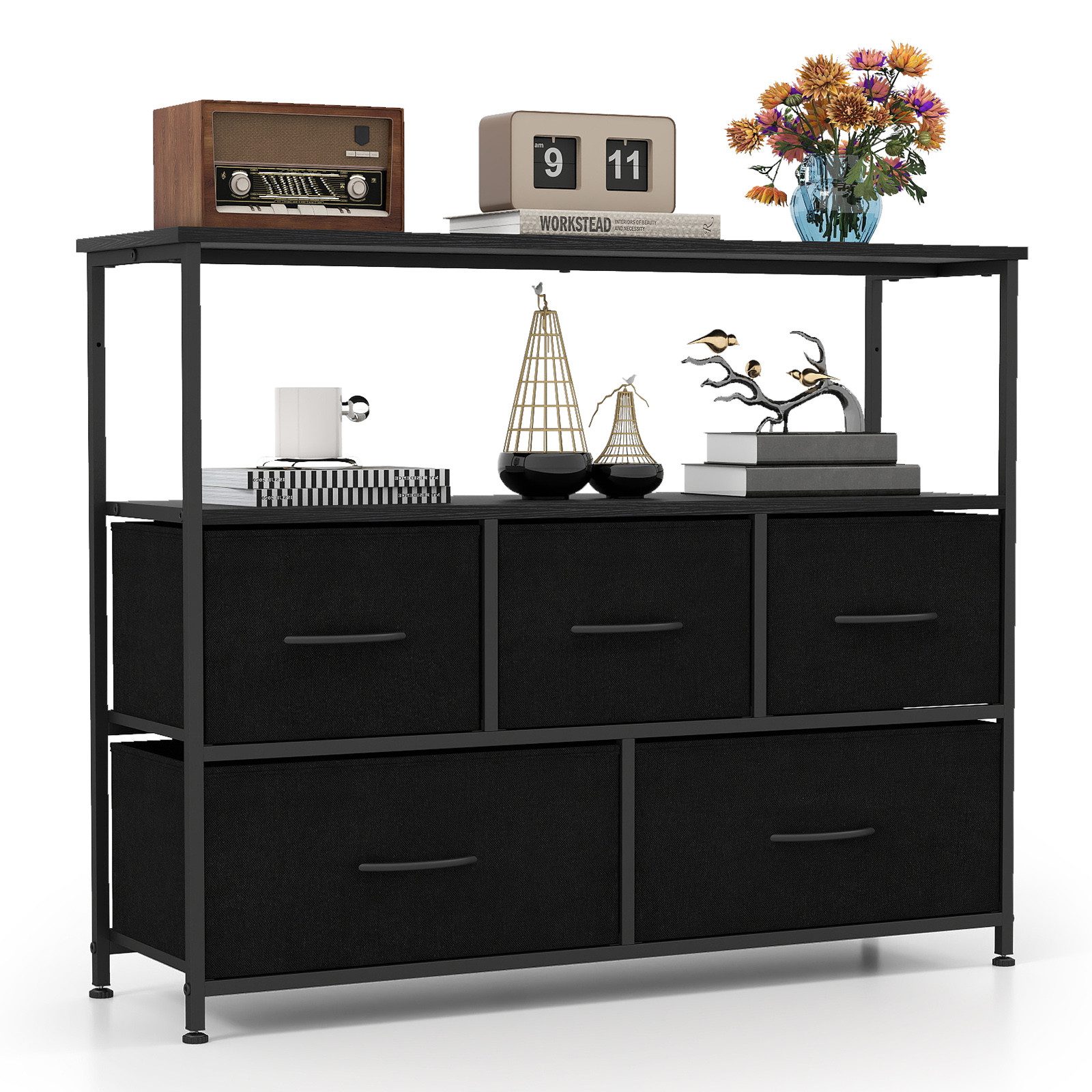 COSTWAY Sideboard, mit 5 Stoff Schubladen & Regalen Schubladenschrank