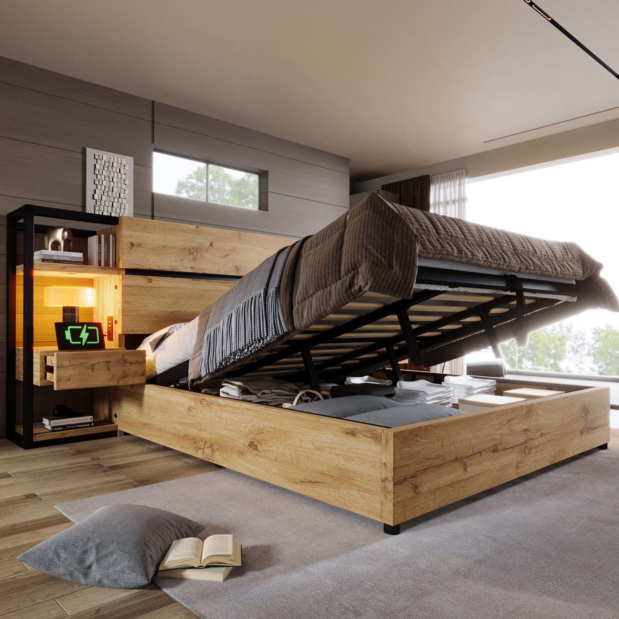 OKWISH Holzbett Mit Stauraum sowie USB- und Type-C-Ladeanschluss (Doppelbett, 1-tlg., Doppelbett 160x200 cm ohne Matratze), Sofort bezugsfertige Lösung mit moderner Konnektivität