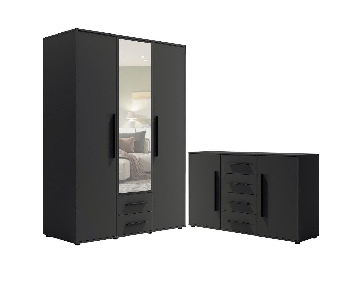 Marmex Möbel Garderobenschrank Maxione MX-SET C dreitüriger Spiegelschrank und Kommode (2-St) Kleiderstangen, Schubladen