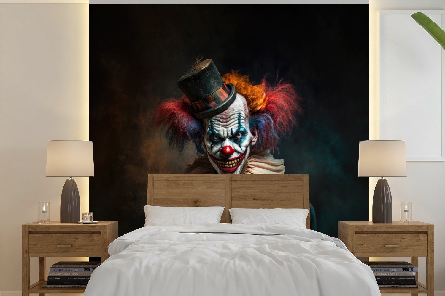 MuchoWow Fototapete Clown - Hut - Kragen - Porträt - Killerclown, Matt, bedruckt, (4 St), Vliestapete für Wohnzimmer Schlafzimmer Küche, Fototapete
