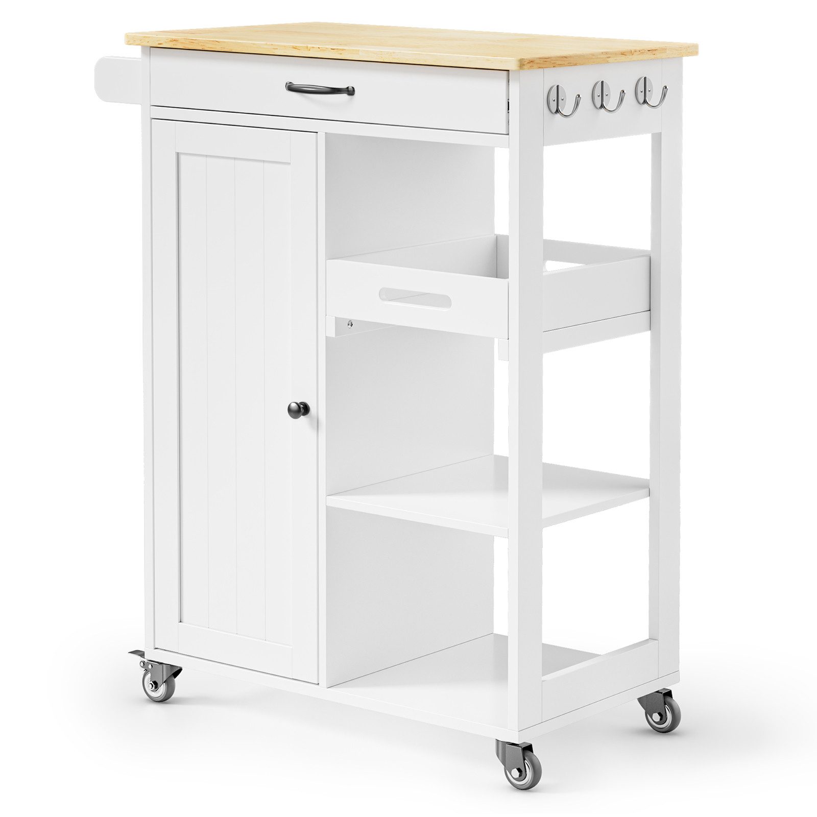 Blishom Küchenwagen Kücheninsel mit Rollen, Schublade, Tablett, 64 × 40 × 91 cm, Handtuchhalter mit Haken, höhenverstellbare Ablagen und Tabletts