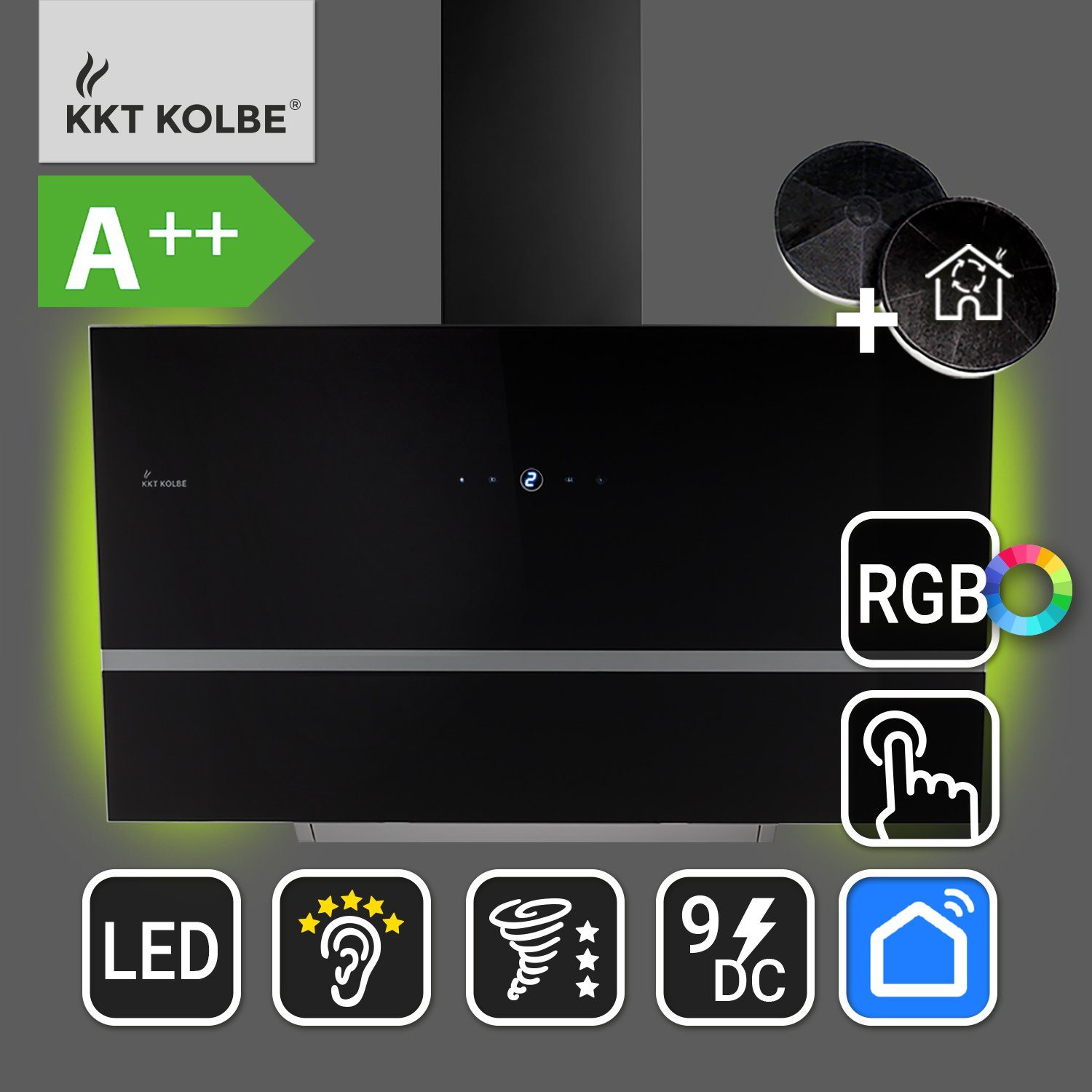 90cm / WiFi-App KKT Edelstahl / Smarte / 90cm / / Leise Glas RGBW EASY909SHCM Ambientebeleuchtung, KOLBE Kopffreihaube Dunstabzugshaube Wandhaube