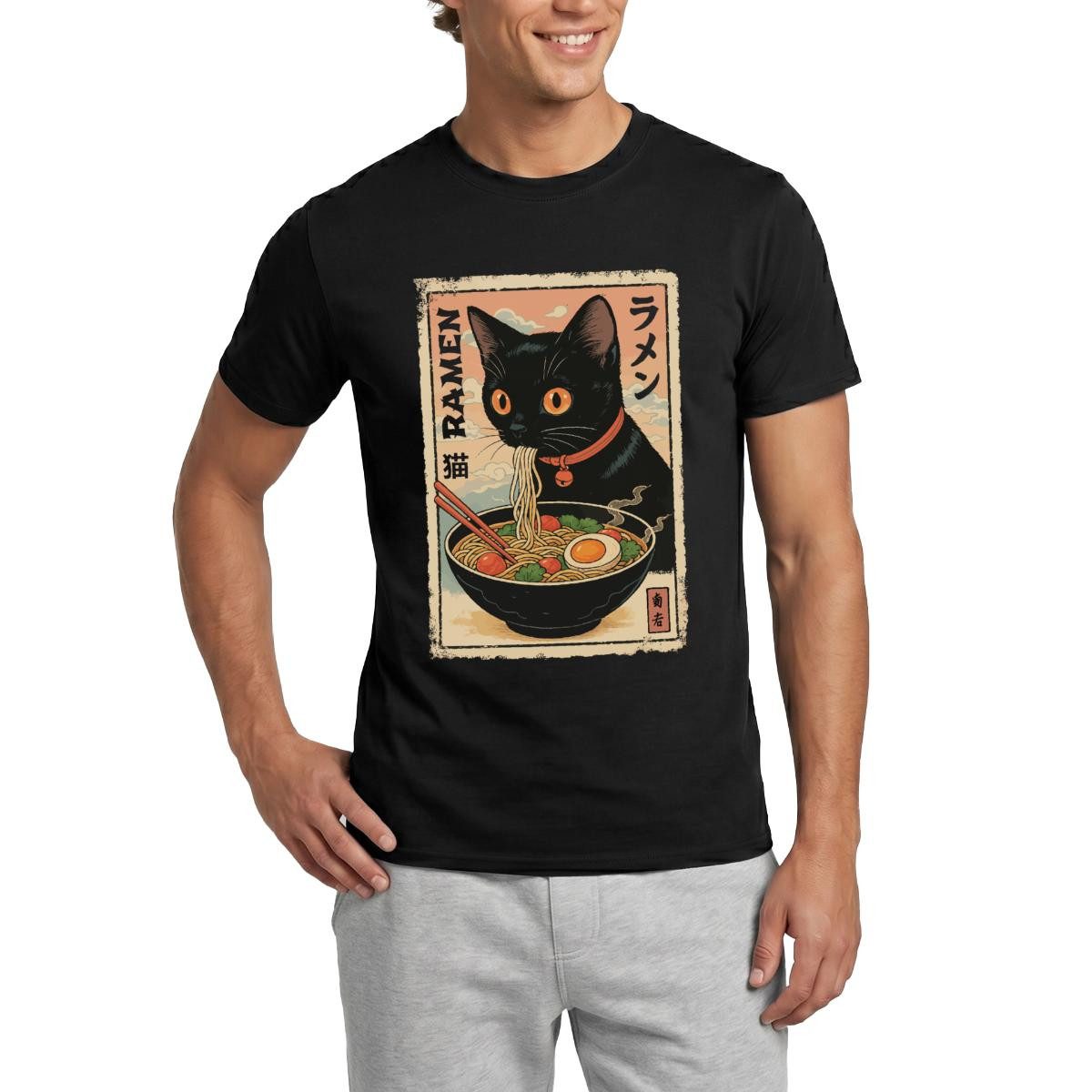 Spreadshirt T-Shirt Ramen Katze, Schwarze Katze Mit Nudelsuppe Männer T-Shirt (1-tlg)