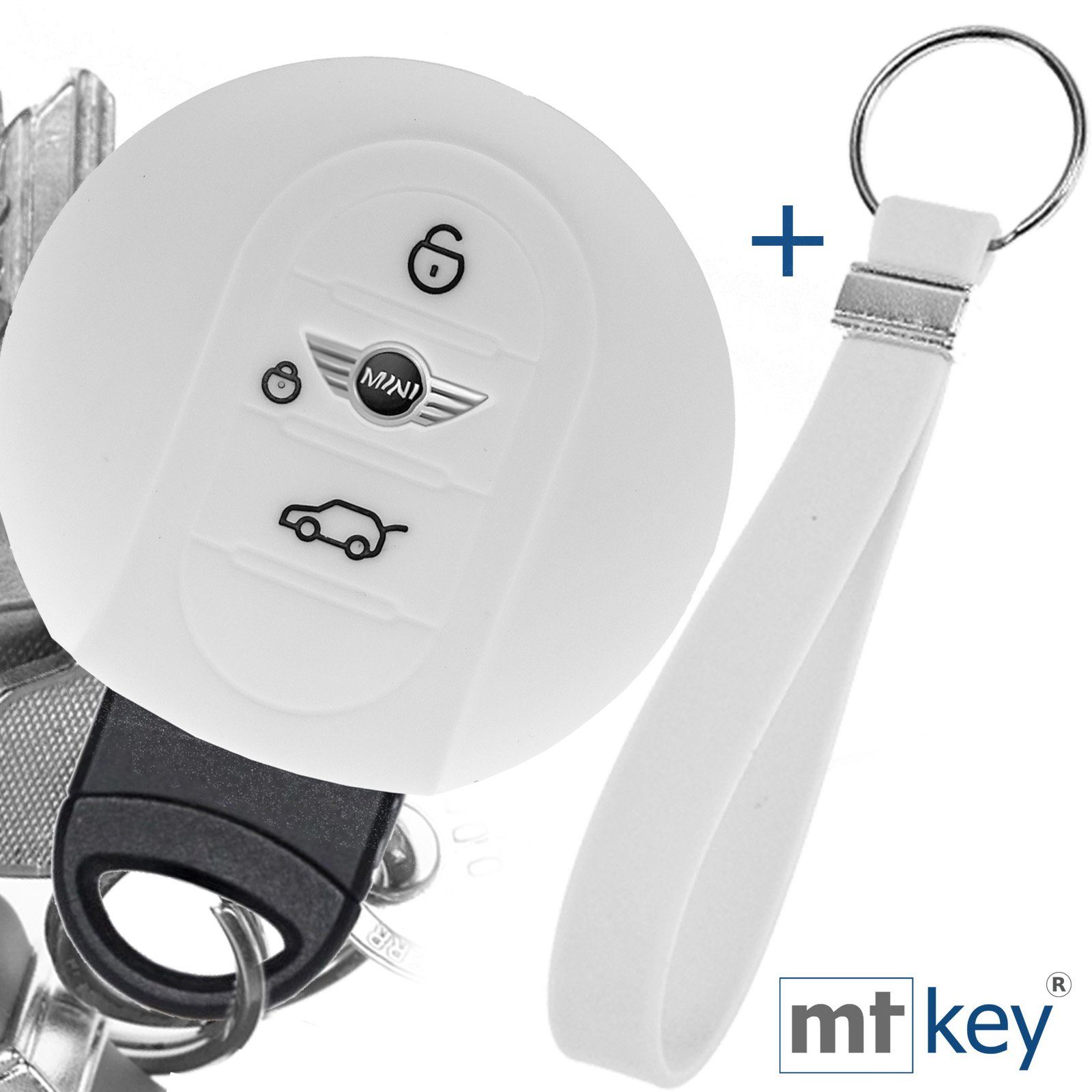 mt-key Schlüsseltasche Autoschlüssel Softcase Silikon Schutzhülle Weiß mit Schlüsselband, für Mini F56 F54 F55 F57 F60 Clubman Countryman 3 Tasten KEYLESS