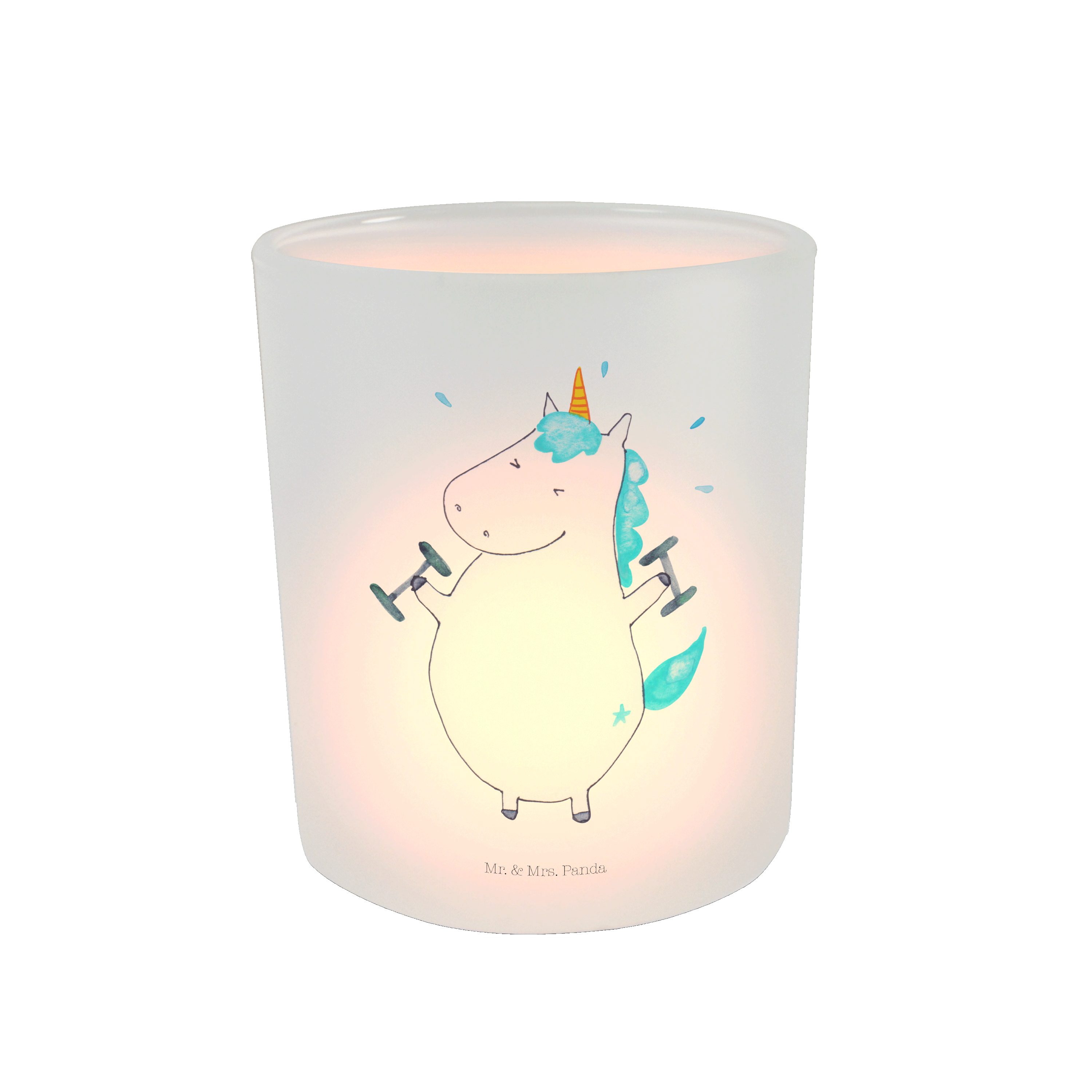 Mr. & Mrs. Panda Windlicht Einhorn Fitness - Transparent - Geschenk, Windlicht Glas, Teelichthal (1 St)