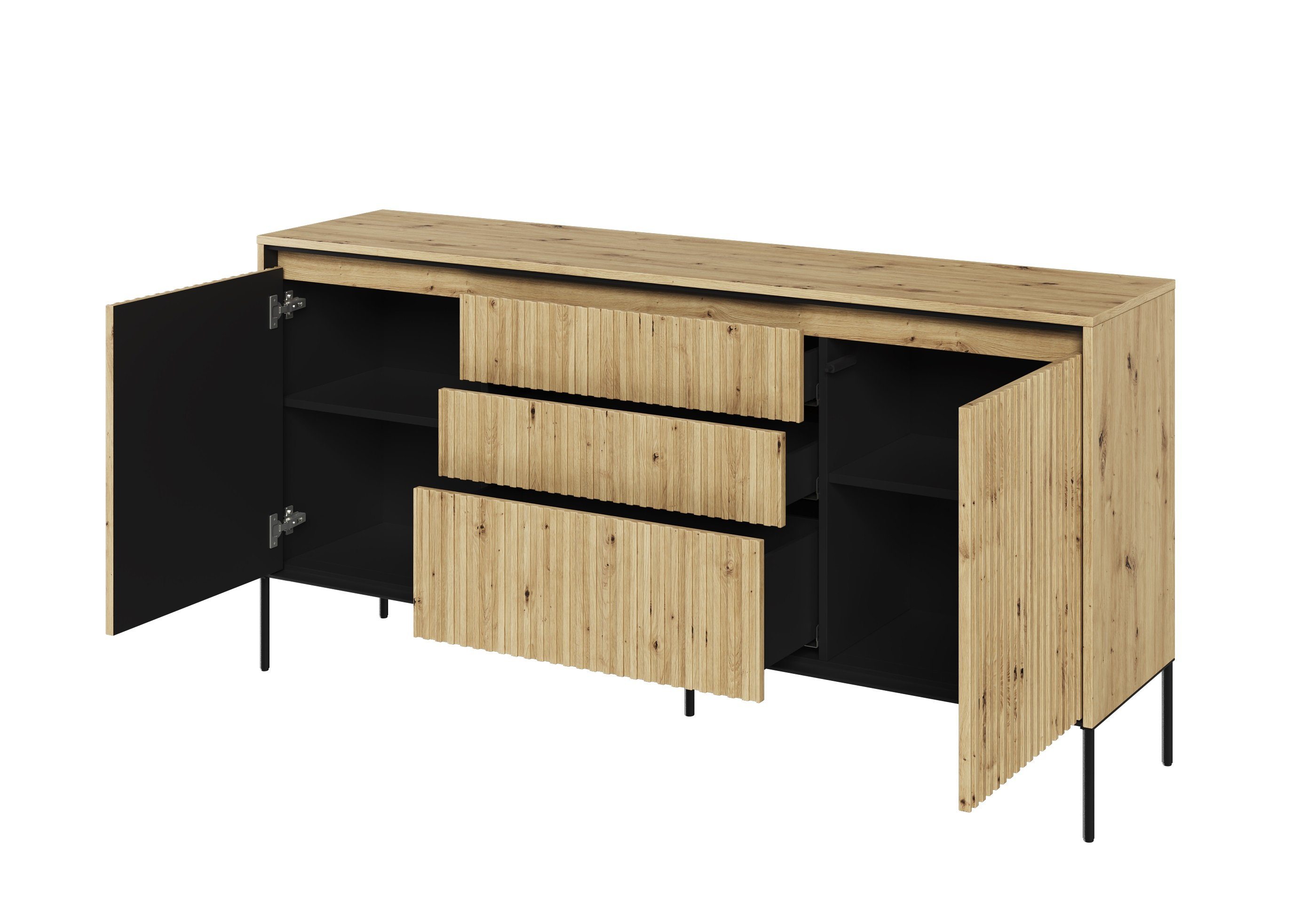 Compleo Kommode FLORE mit drei Schubladen und gerifflete Front, Schubkastenkommode