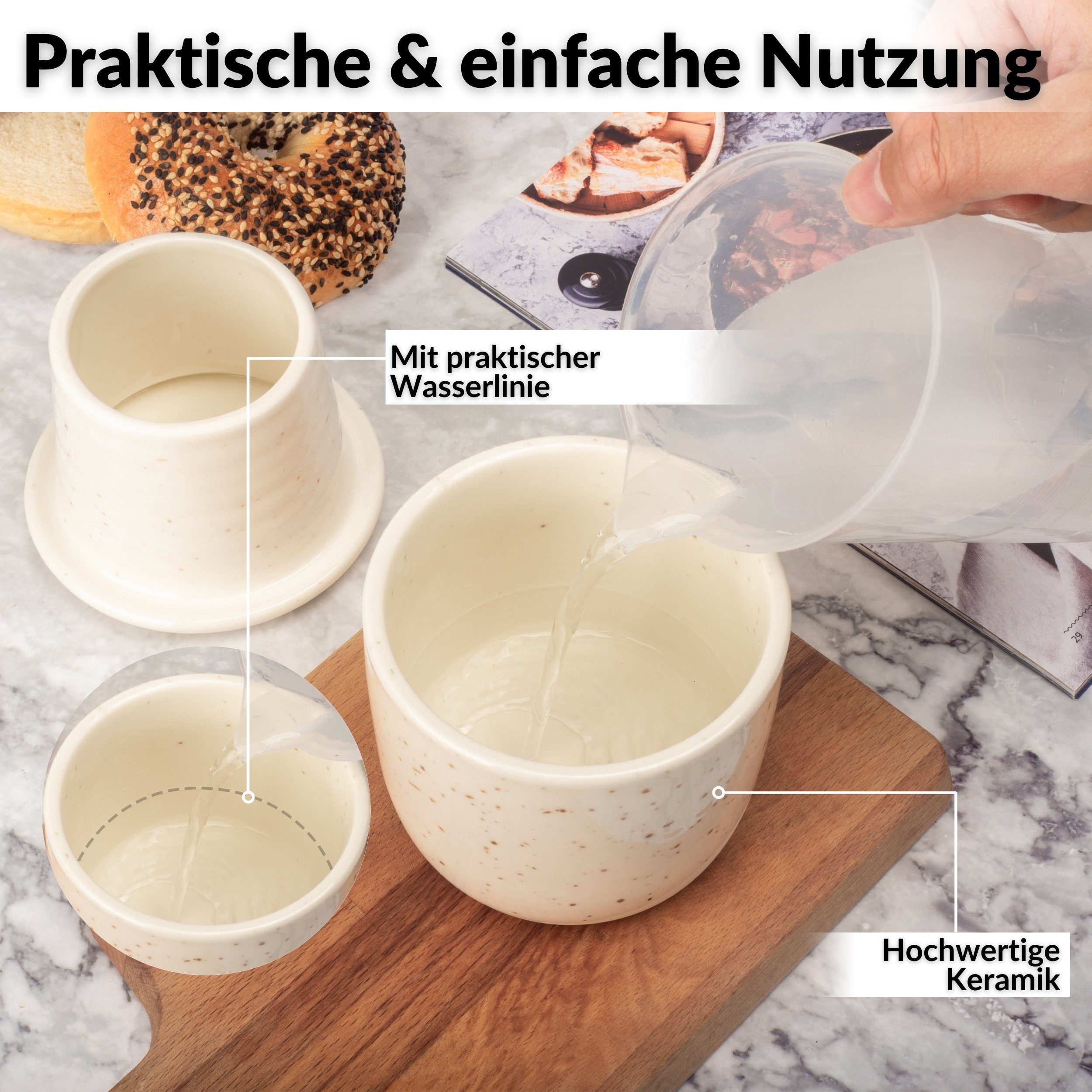 DEKAZIA Butterglocke aus hochwertiger Keramik, Butterdose ohne Kühlung,(Buttergeschirr Keramik Butterbehälter mit Wasser Butterglocke Keramik Butterdose für weiche Butter, Butterdose mit Wasserbad Französische Butterdose Buttertopf Keramik) Hochwertige Keramik, Minimalistisches Skandi Design