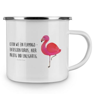 Mr. & Mrs. Panda Becher Flamingo Classic - Weiß - Geschenk, glücklich, Selbstliebe, Tochter, Emaille, Kratzfeste Emaille