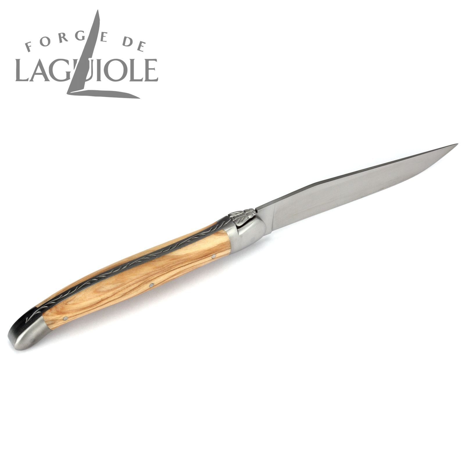 Forge de Laguiole Steakmesser T6 2M IN OL SAT 6er Set - Griff Olivenholz - Stahl satiniert - Aufbewahrungsbox