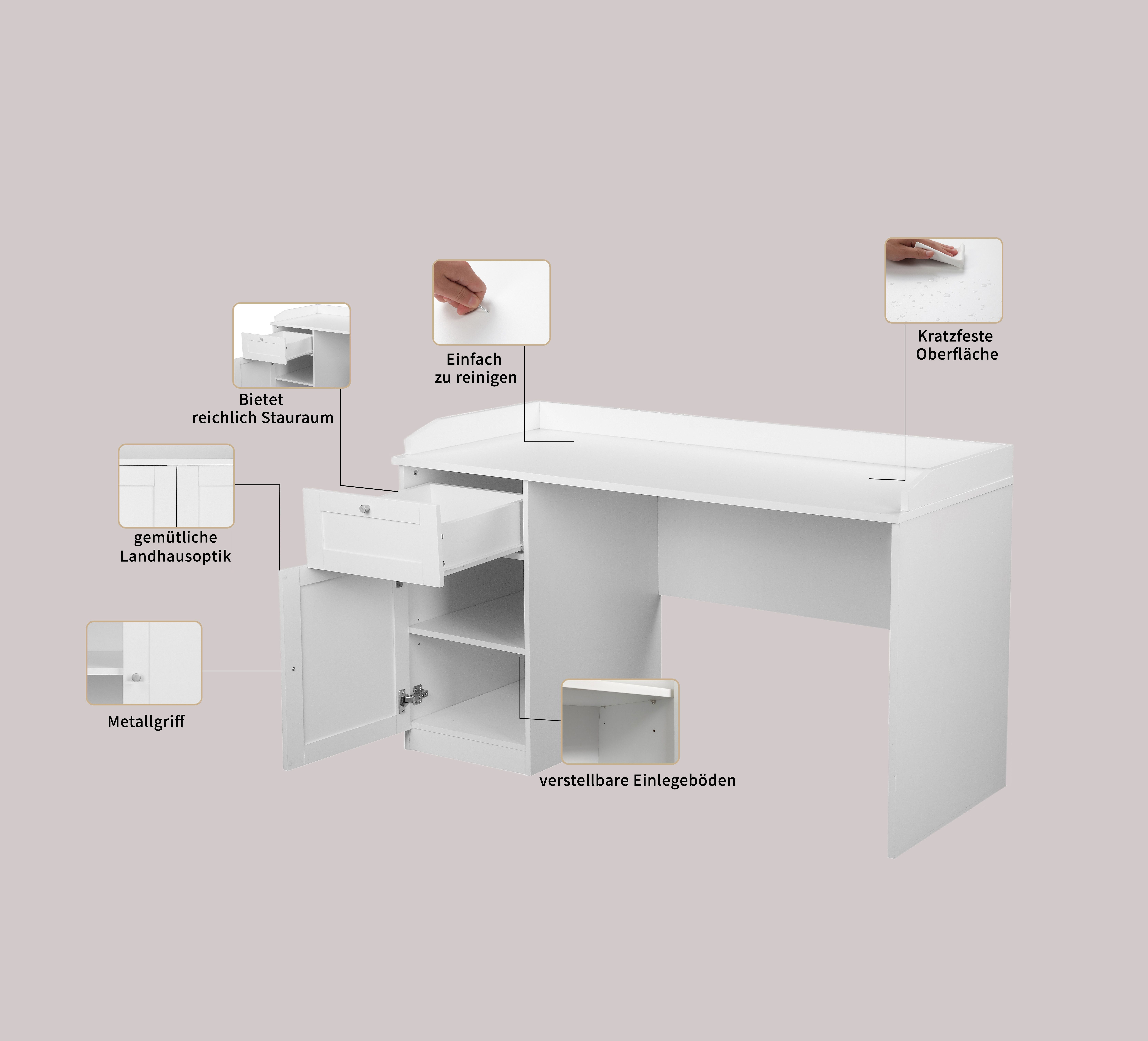 Home affaire Schreibtisch Aalborg, im Landhausstil, mit Schublade, erhöhte Tischumrandung, Breite 140 cm