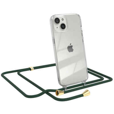 EAZY CASE Handykette Hülle mit Kette für Apple iPhone 13 6,1 Zoll, Kettenhülle zum Umhängen Tasche Handykordel Slimcover Grün Clips Gold