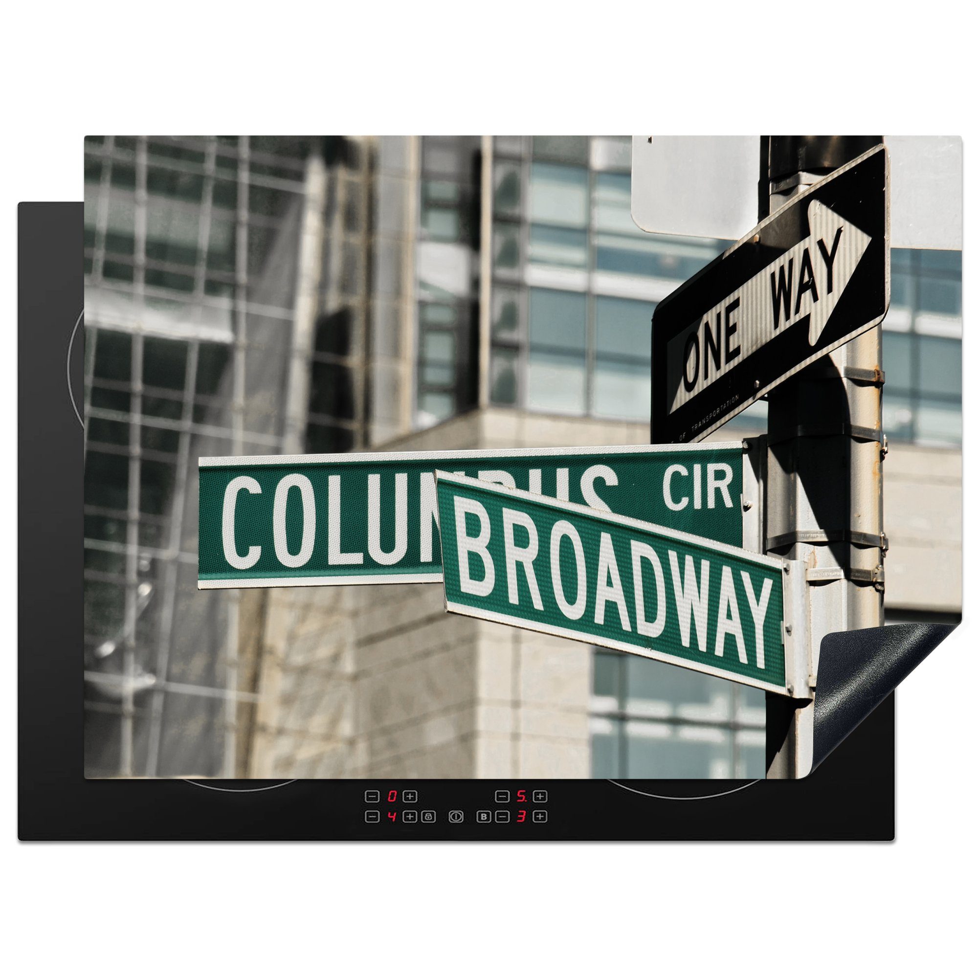 MuchoWow Herdblende-/Abdeckplatte New York - Ceranfeldabdeckung Broadway Mobile (1 Vinyl, Arbeitsfläche Verkehr, nutzbar, 70x52 tlg), cm, 