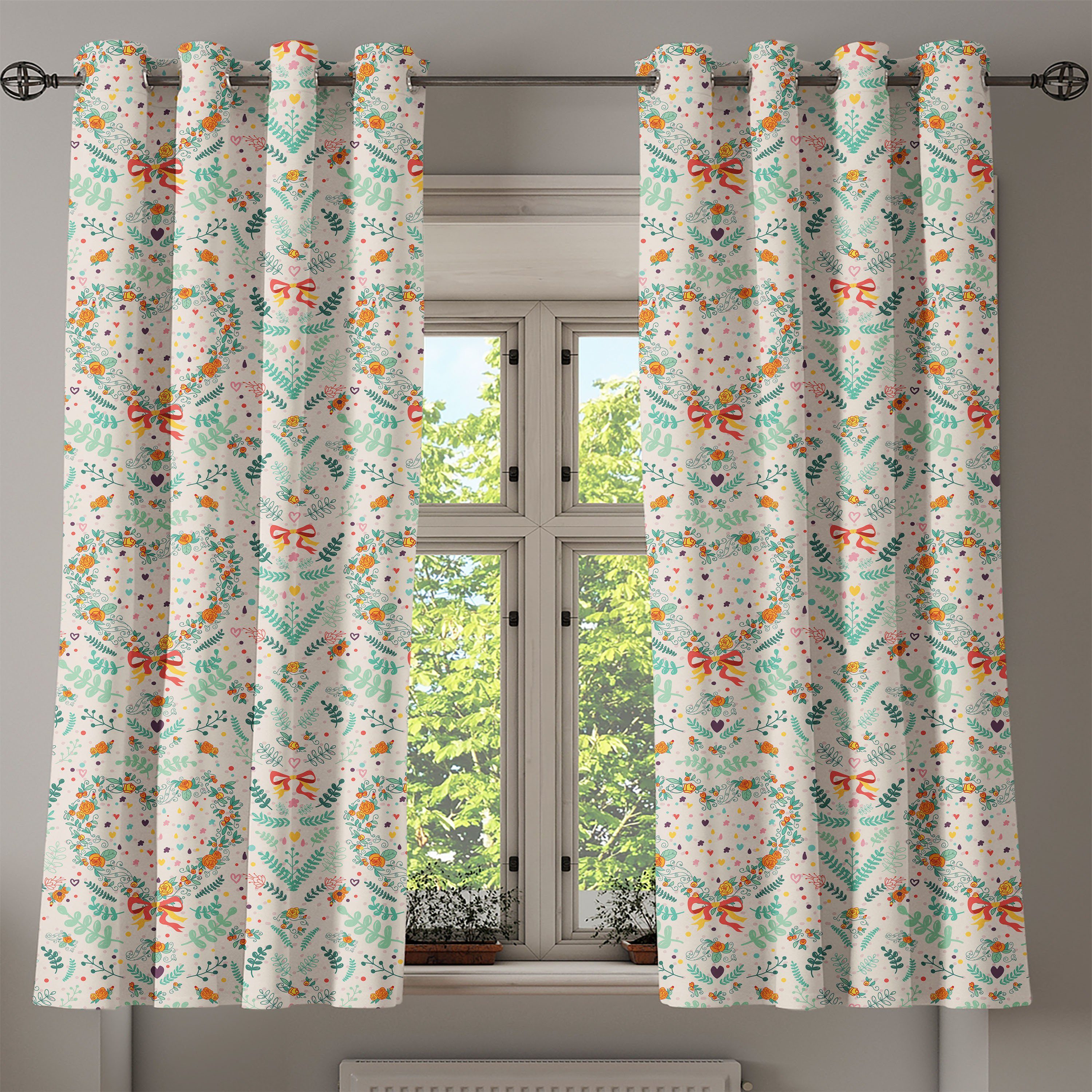 Vintage Abakuhaus, 2-Panel-Fenstervorhänge Gardine Schlafzimmer Wohnzimmer, für Dekorative Blumen Herz-Bänder