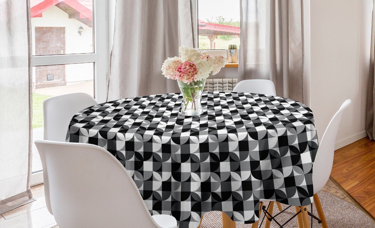Schwarz Tischdecke für Esszimmer Graustufen- Abdeckung und Kreis Küche Dekoration, Abakuhaus Grau Tischdecke Kreis