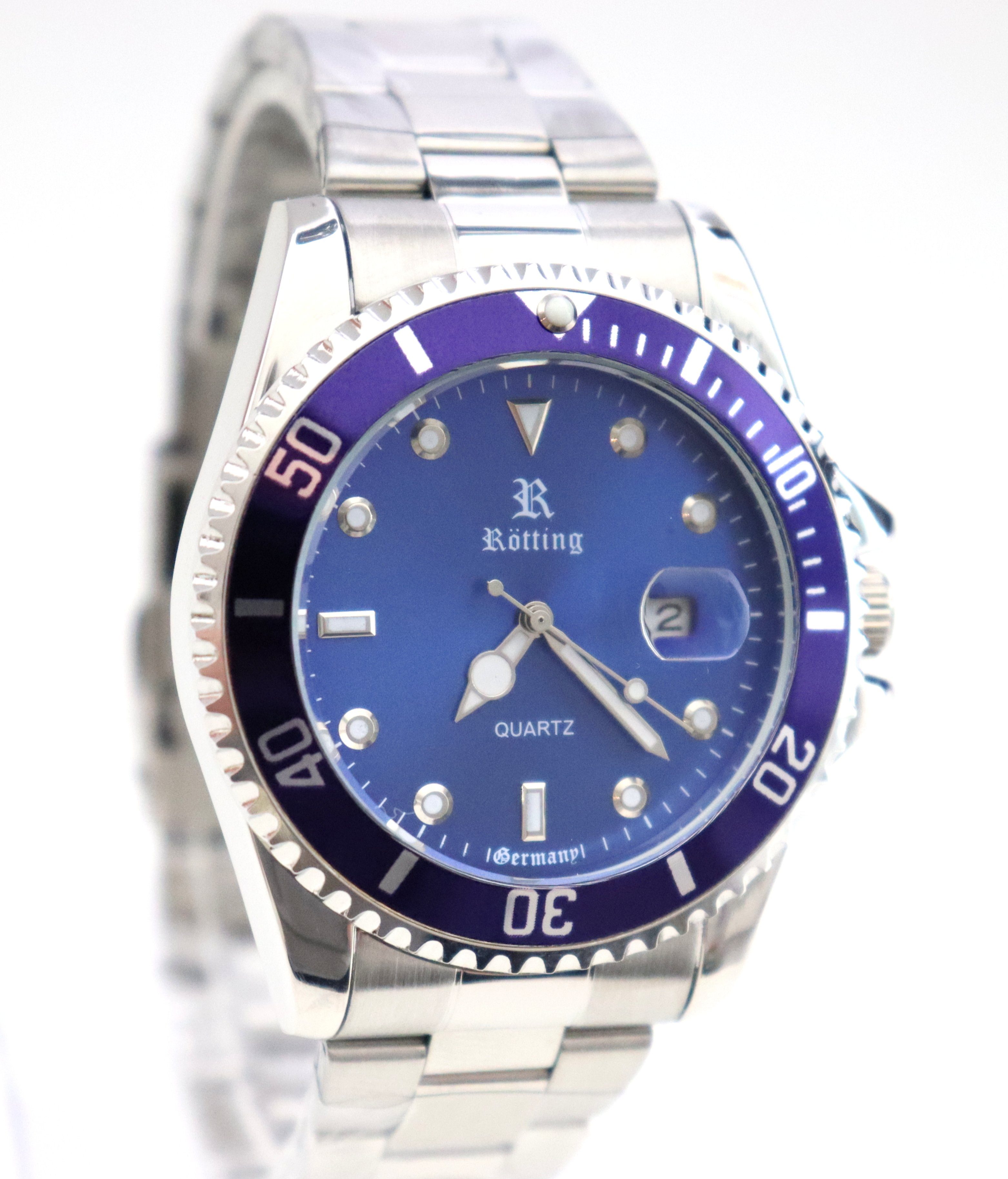 Rötting Design Quarzuhr Herrenuhr Quarz blaue Lünette zum Drehen blaues Zif günstig online kaufen