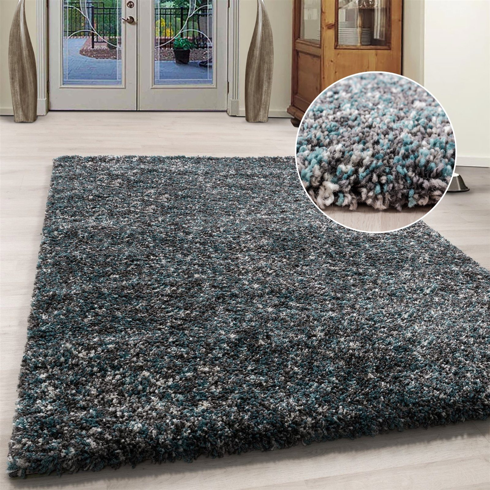 Hochflor-Teppich meliert Langflorteppich Hochflorteppich Wohnzimmer weich, Miovani, Höhe: 30 mm Blau