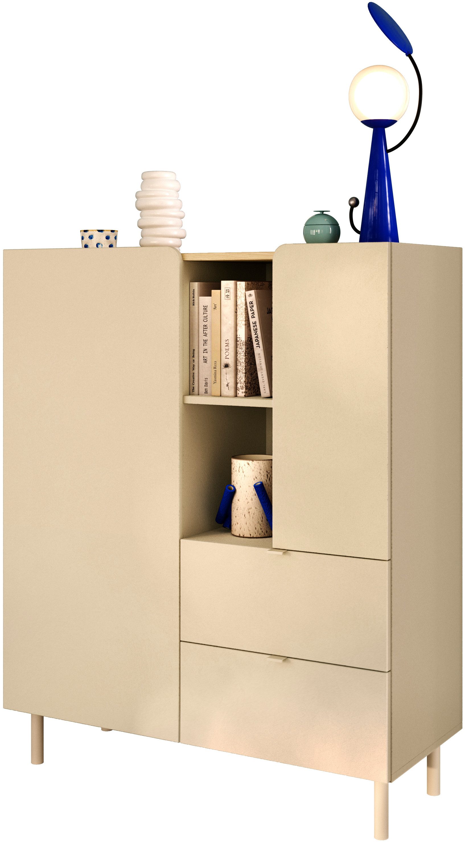 OTTO home Highboard Dobbiaco, B/H 101/124 cm, 2 Türen, 2 Schubkästen, Stauraumschrank, Innenliegendes Top, gerade Metallfüße, Tür mit Rundung