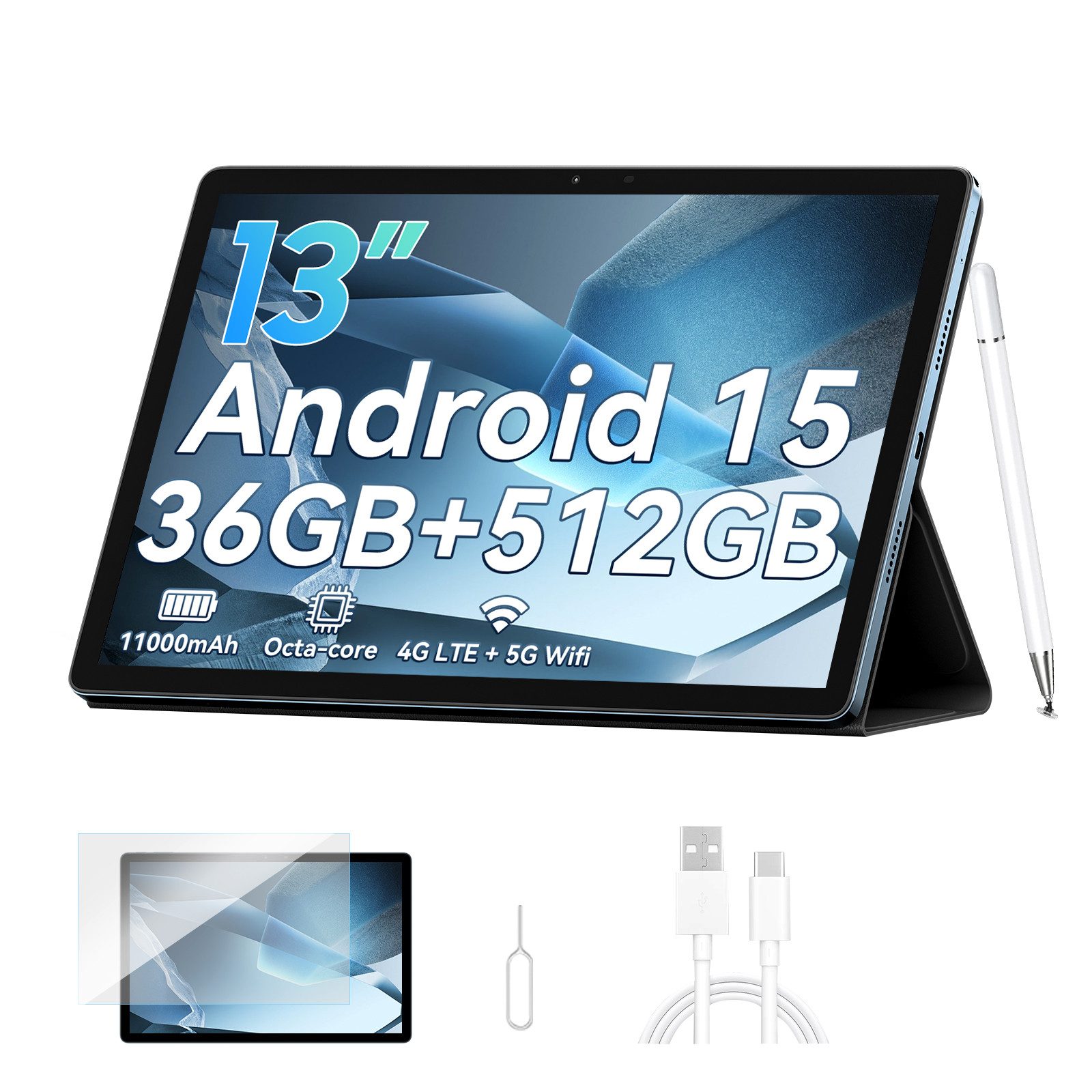 blackview Mega8 13' 4G LTE 512GB incl. Stift/Hülle Tablet (13", 512 GB, 4G(LTE), 13 zoll, Android 15, 50MP, 11000mAh, 4G LTE, T620, 512GB)
