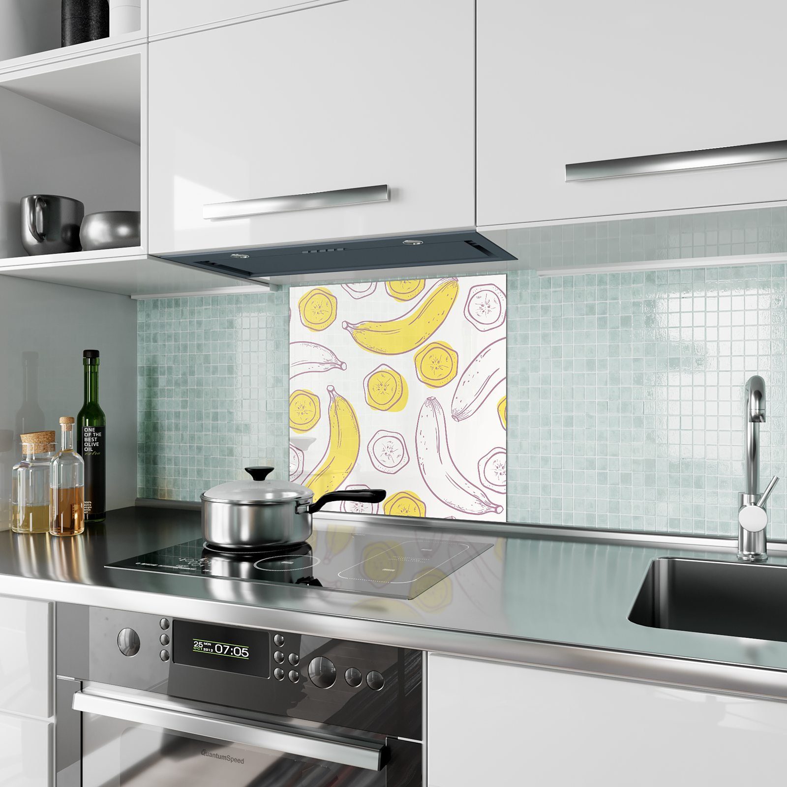 Primedeco Küchenrückwand Spritzschutz Glas Skizze Bananen von