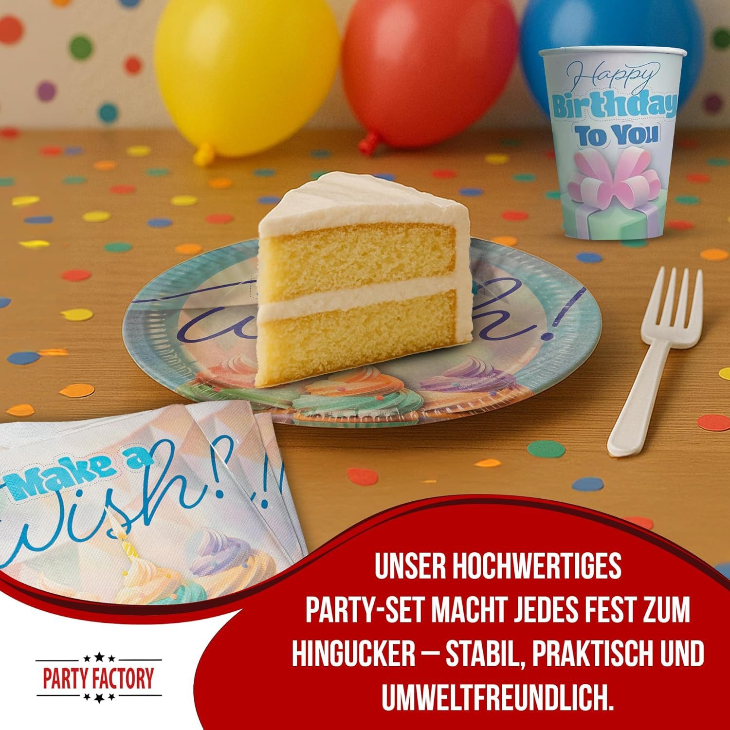 Party Factory Geschirr-Set Happy Birthday Pastell 3-tlg Set mit Becher, Teller und Servietten, 8 Personen, Sanfte Farben für eine festliche Stimmung