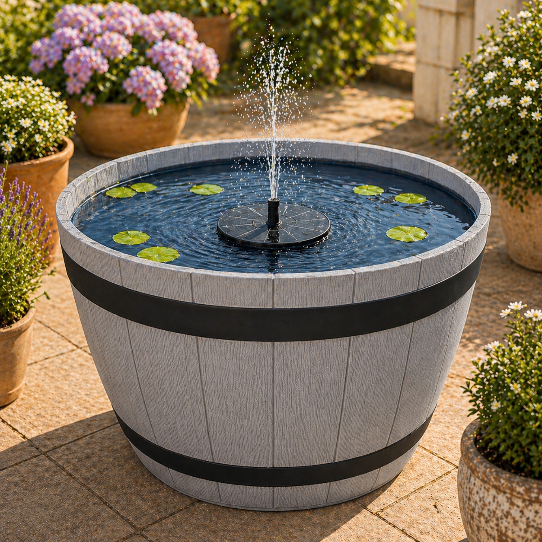matches21 HOME & HOBBY Wasserspiel Solar Brunnen Set inkl. Akku - 51 cm Schale in Holzoptik grau, (2 tlg), Solar Springbrunnen und Brunnenschale als Gartendeko