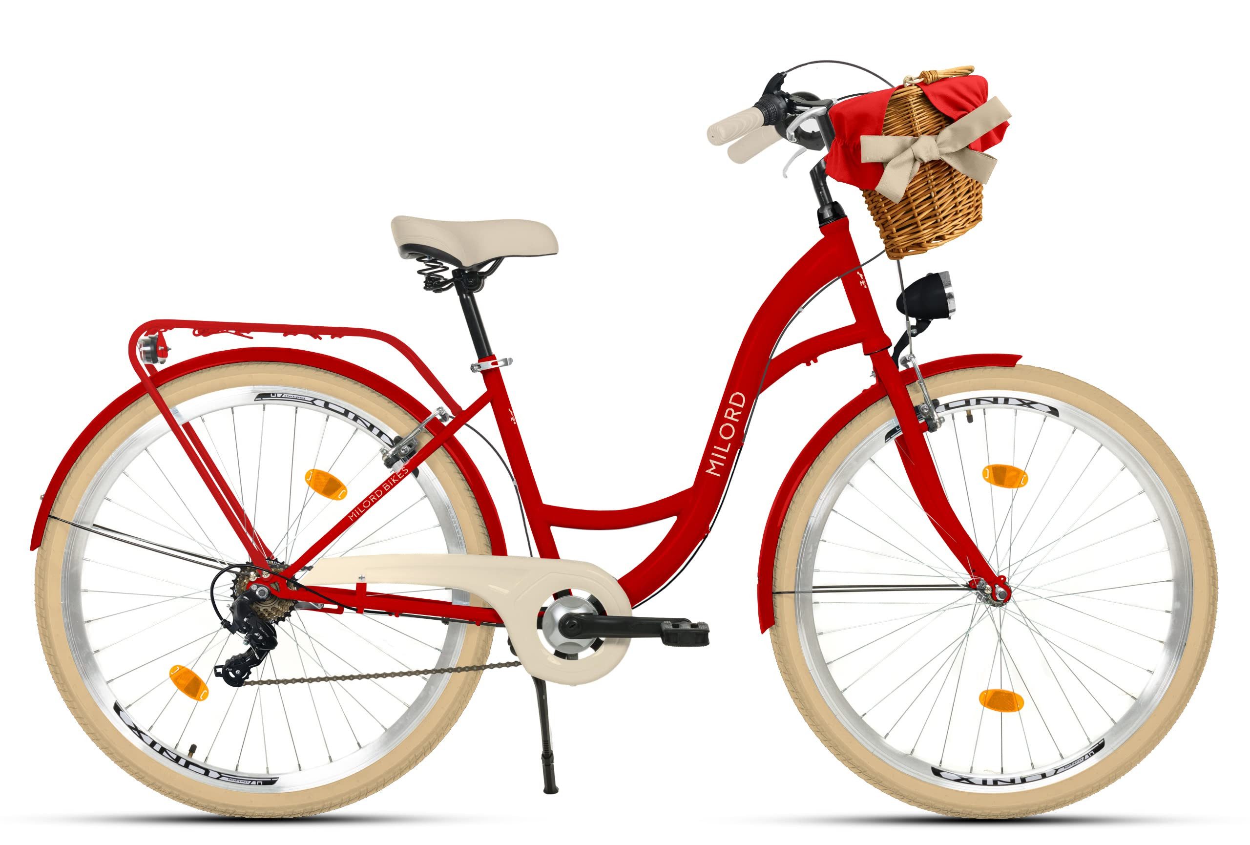 Milord Cityrad Milord Komfort City Fahrrad Weidenkorb Damen, 28 Zoll, Rot, 7-Gang, 7 Gang, (Fahrradständer, Gepäckträger, Klingel, Korb, Kotflügel)