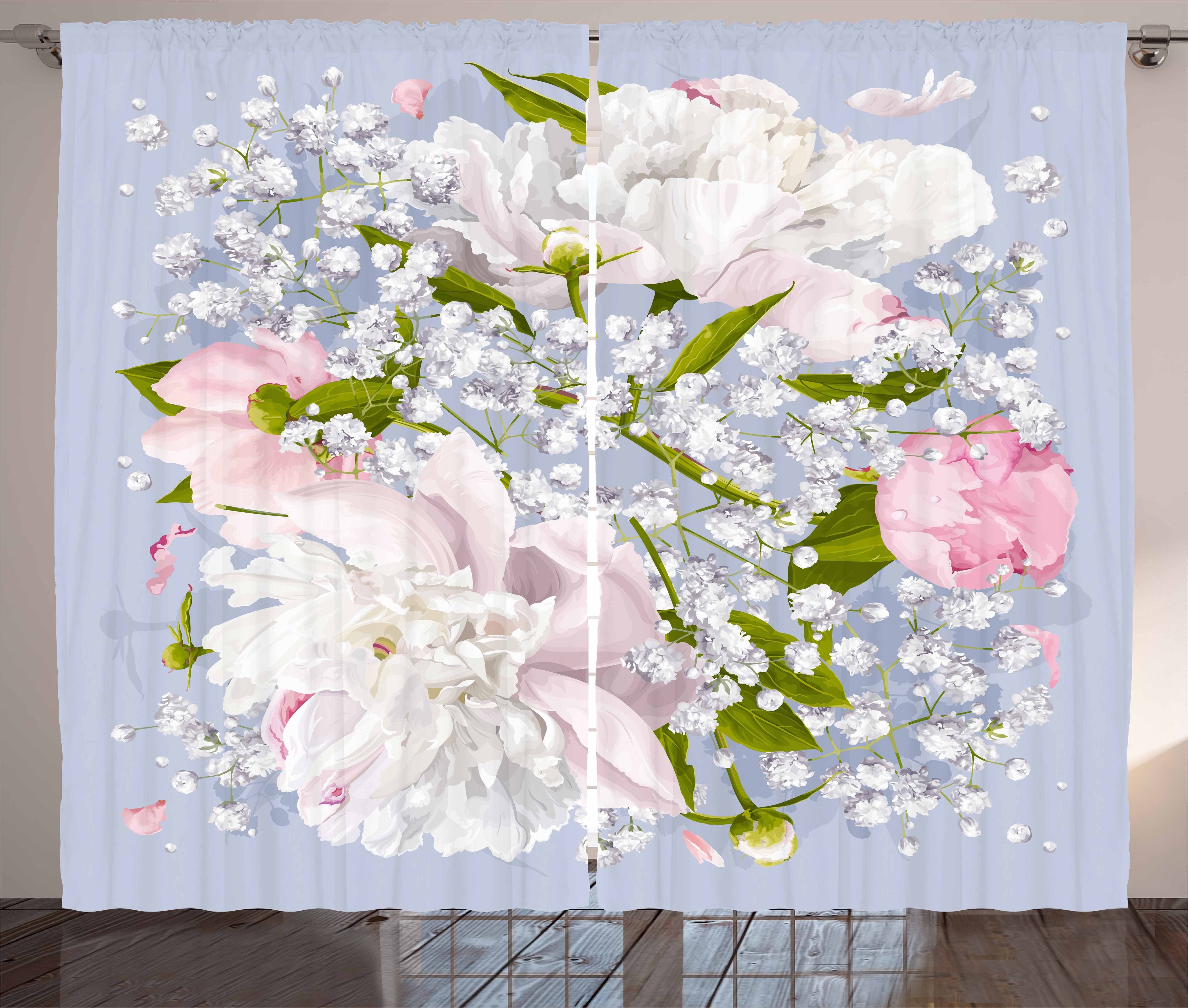 Gardine Schlafzimmer Kräuselband Vorhang mit Schlaufen und Haken, Abakuhaus, Blumen Braut Pfingstrosen Blätter