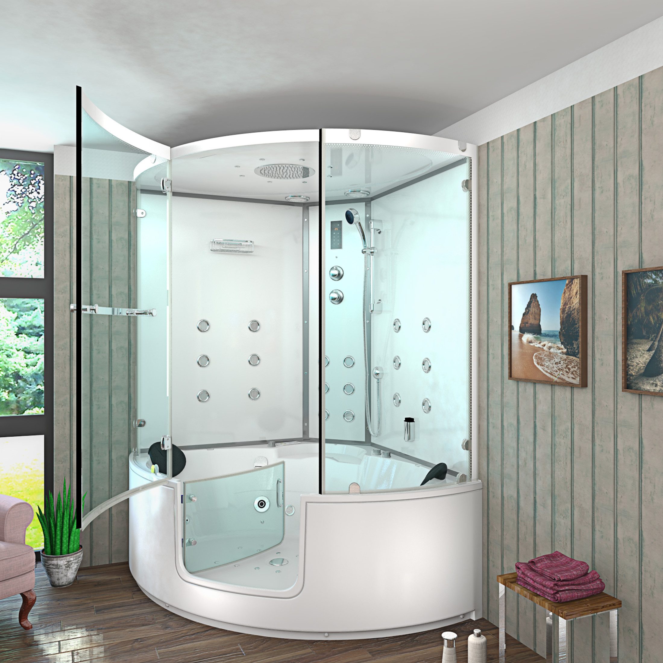 AcquaVapore Grossraumdusche Dampfdusche Whirlpool Duschkabine Pool K60-WS-EH-ALL, Sicherheitsglas ESG, Eingebaute Lautsprecher, Gehärtetes Glas, Integrierte Massagedüsen, Li