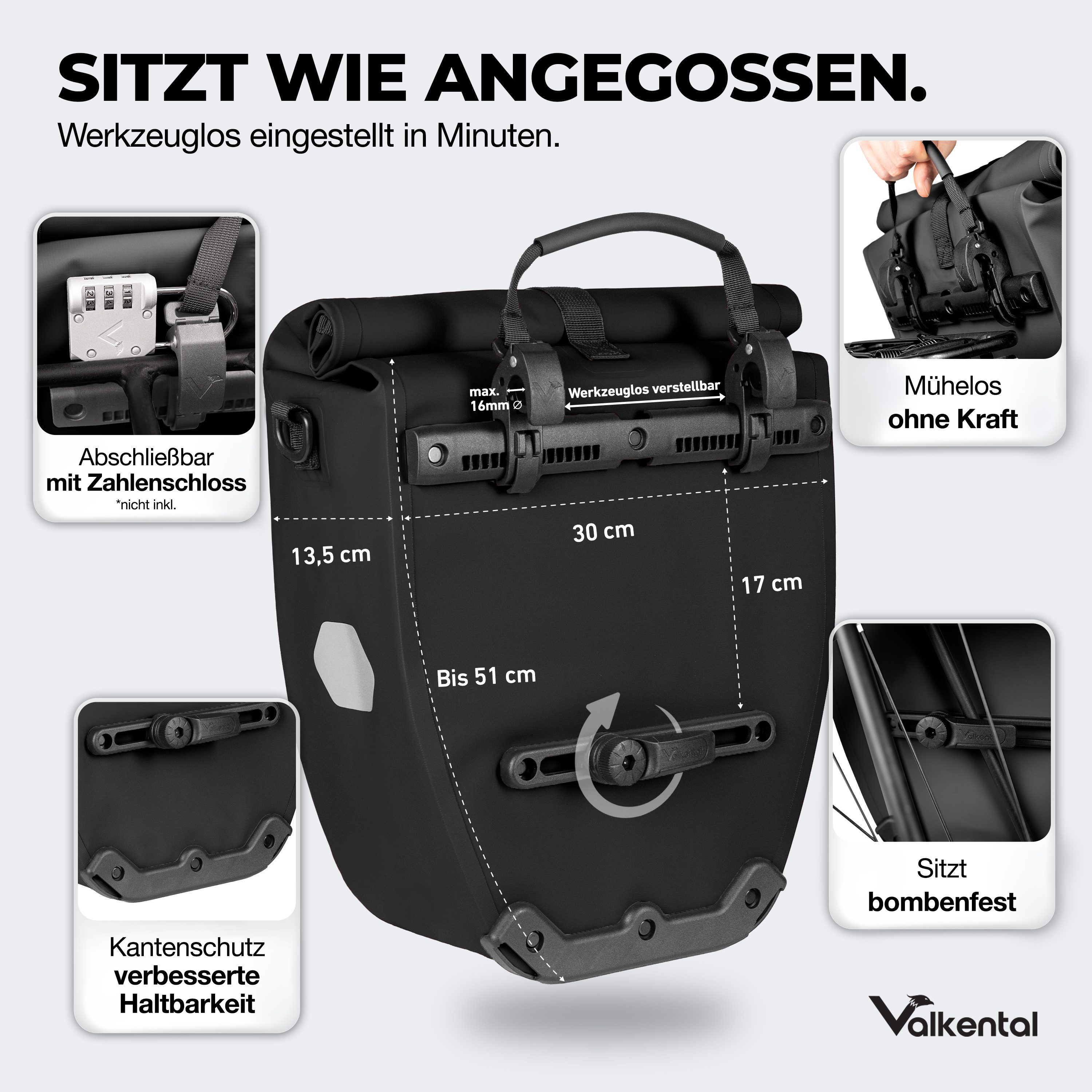 Valkental Fahrradtasche Gepäckträger wasserdicht & abschließbar, Gepäckträgertasche Fahrrad mit Großen Reflektoren 20L, 28L, 32L