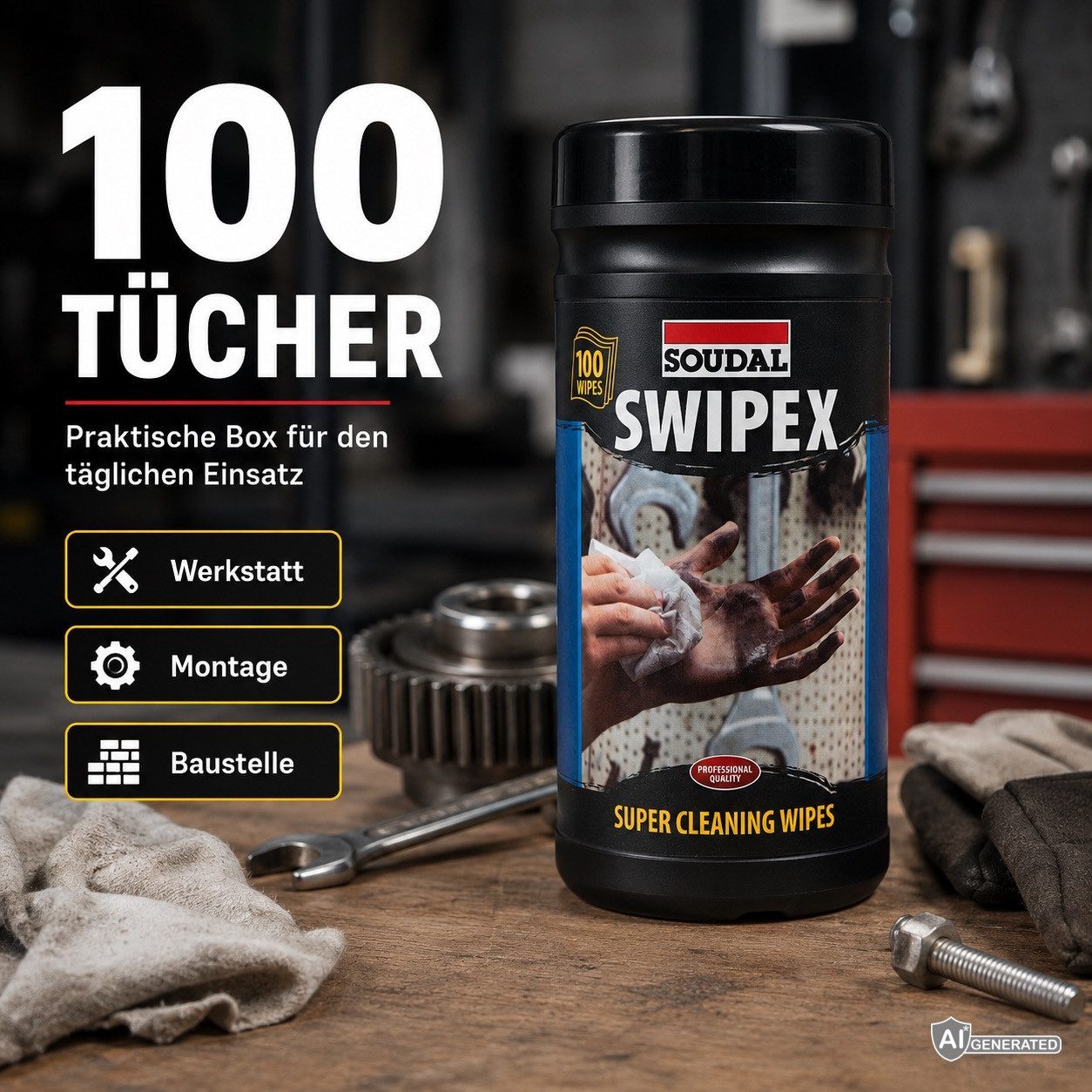 SOUDAL Swipex Reinigungstücher - 100 extra große Reinigungstücher (Extra große Tücher für Werkstatt, Montage & Baustelle)