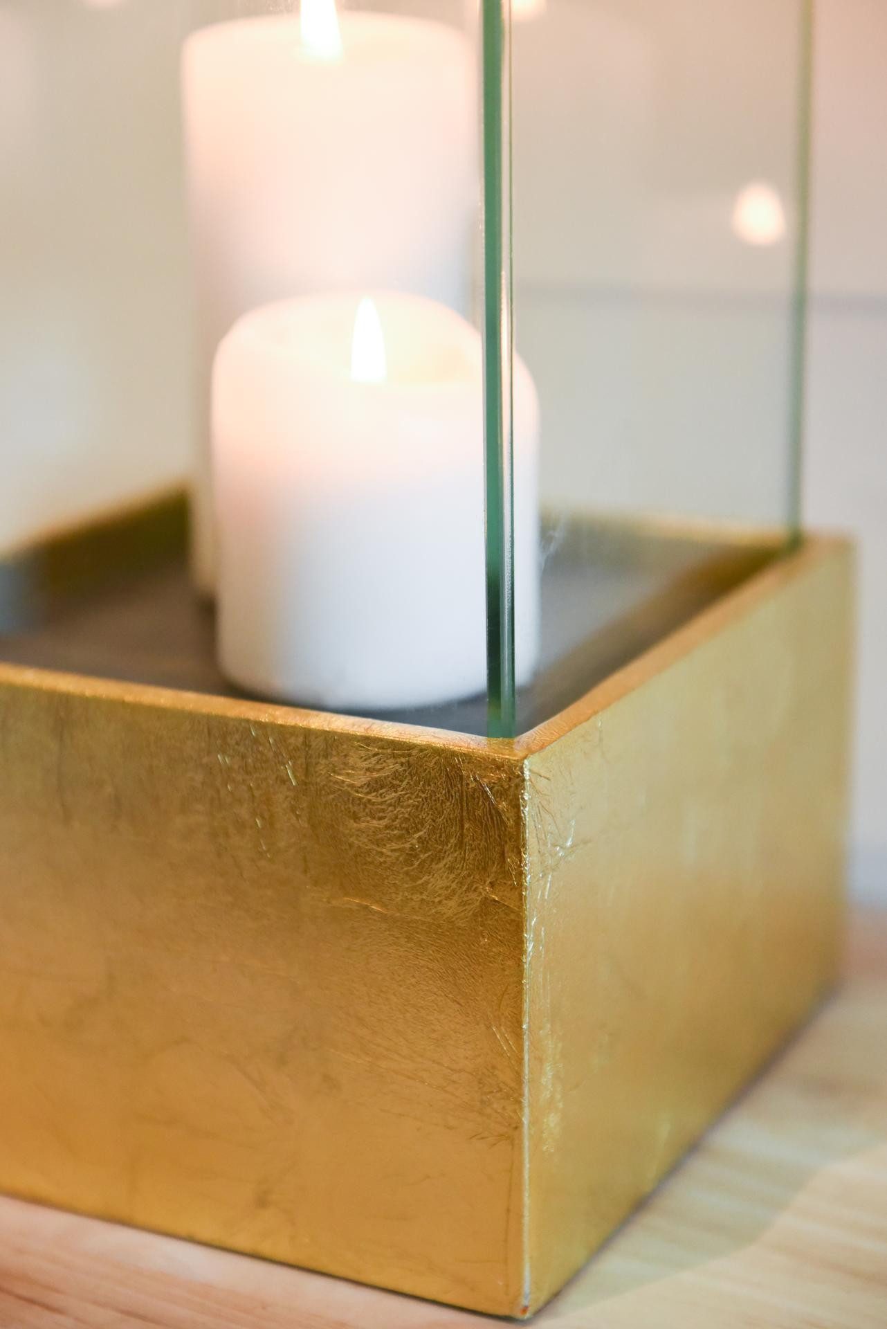 VIVANNO Windlicht Fiberglas CANDELITA Rechteckig - Blattgold Blattoptik Hochglanz (1 St), 20x20x29 cm