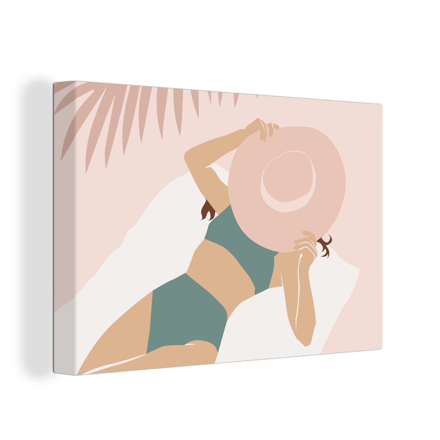 OneMillionCanvasses® Leinwandbild Frau - Strandhut - Pastell, (1 St), Wandbild Leinwandbilder, Aufhängefertig, Wanddeko, 30x20 cm