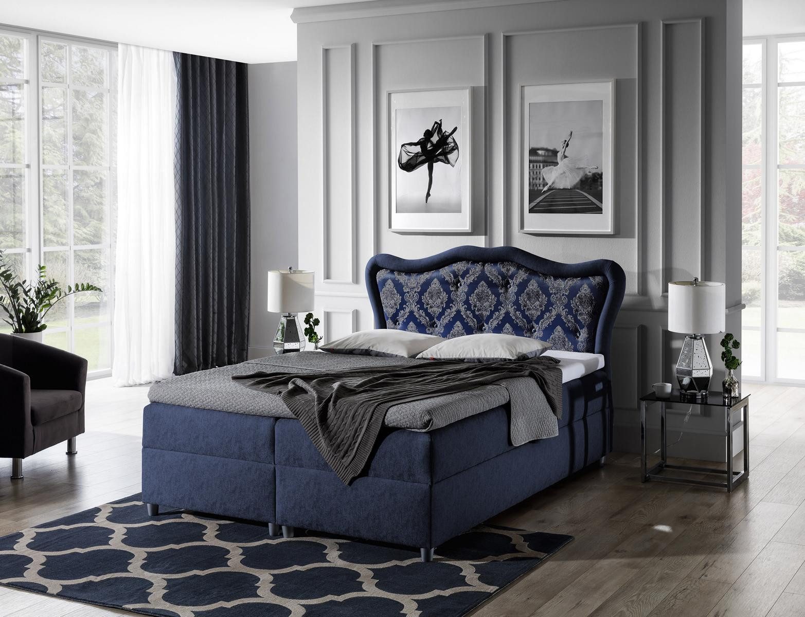 JVmoebel Boxspringbett Barockes Boxspringbett in Velvet Blau mit Stauraum und Edelstahlfüßen (1-St)