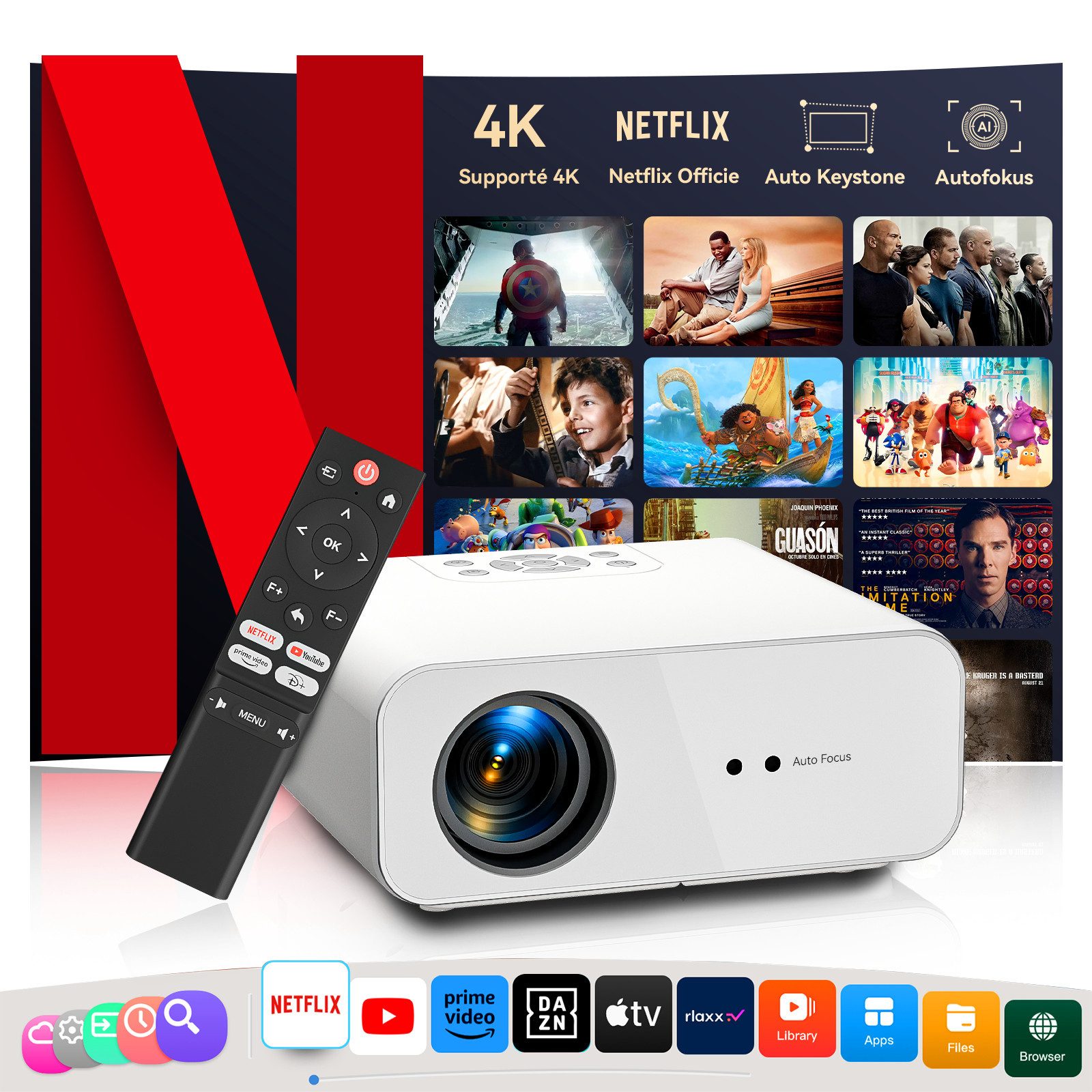 ZOOMCAT ZOOMCAT C12C Beamer 4K Mit Netflix Zertifizierung Beamer (28000 lm, 28000 : 1, 3840x2160 px, Auto Fokus, Auto Trapezkorrektur, Auto Hindernisvermeidung)