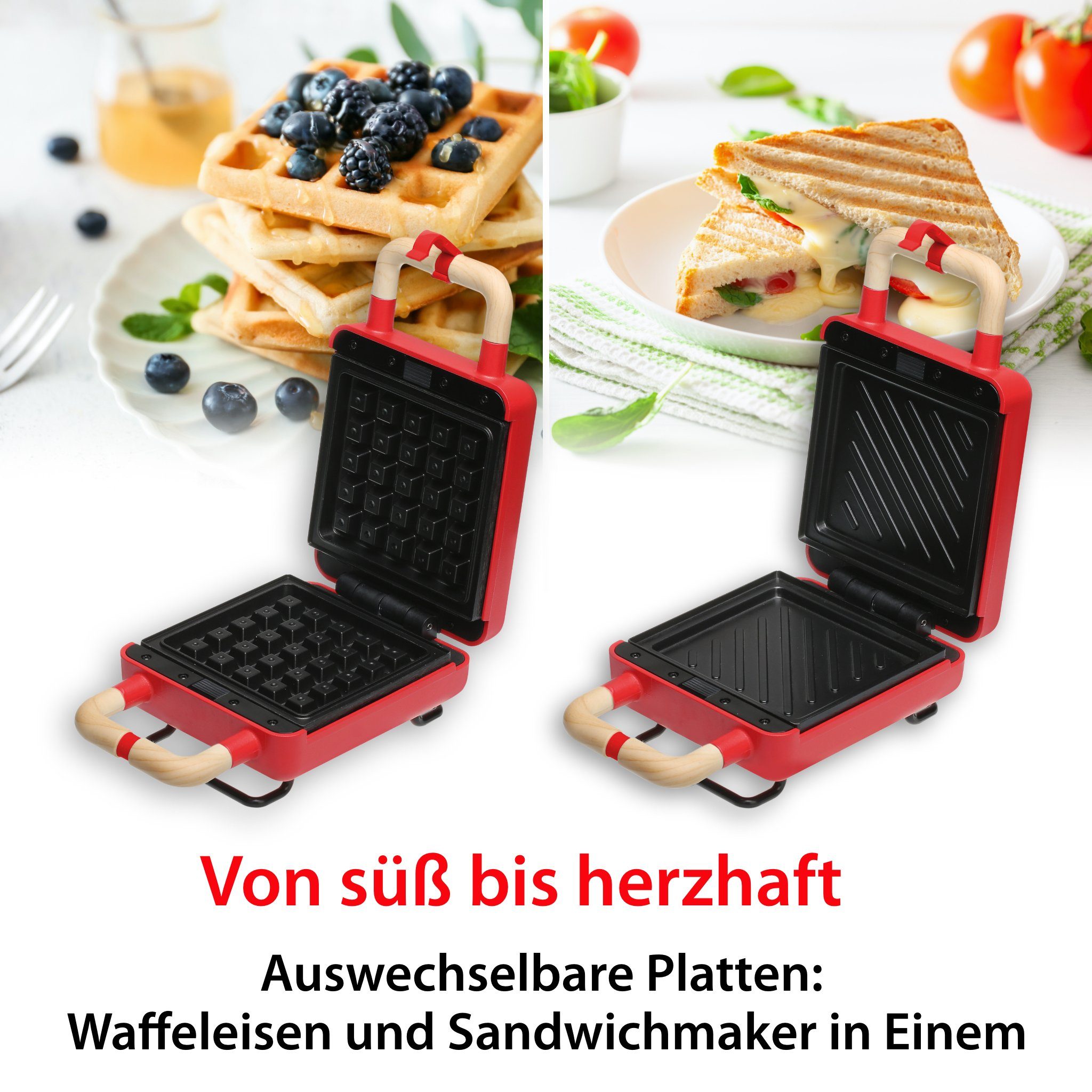 ADE 2-in-1-Kombi-Waffeleisen KG2138, 600 W, Wechselplatten für Belgische Waffeln, XL-Sandwiches, gebratene Eier