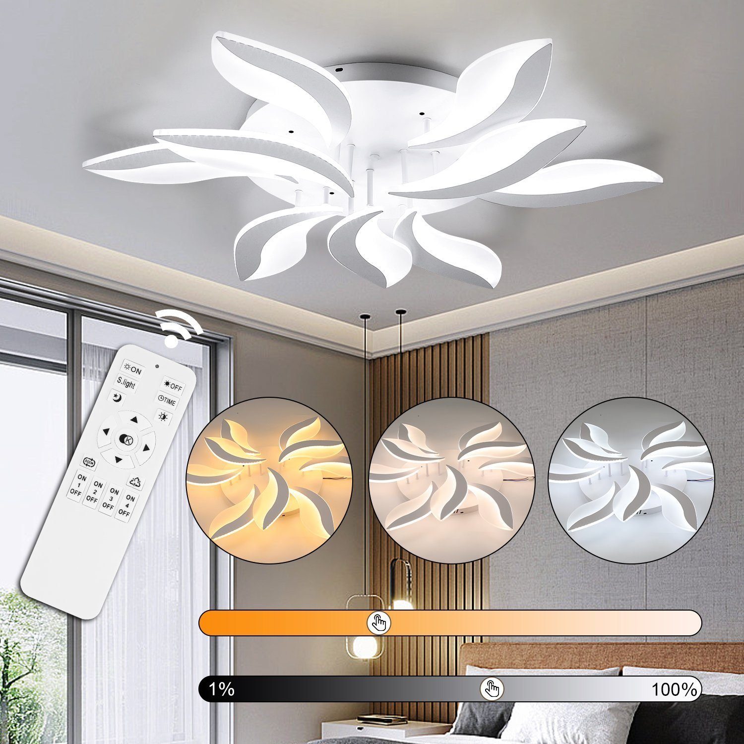 LETGOSPT Deckenleuchte Dimmbare LED Deckenlampe, 50W Acryl Blumen Büro  Deckenleuchten, LED fest integriert, warmweiß, kaltweiß, neutralweiß,  Moderne 9-Blatt Pendelleuchte Lichte, für Wohnzimmer Esszimmer