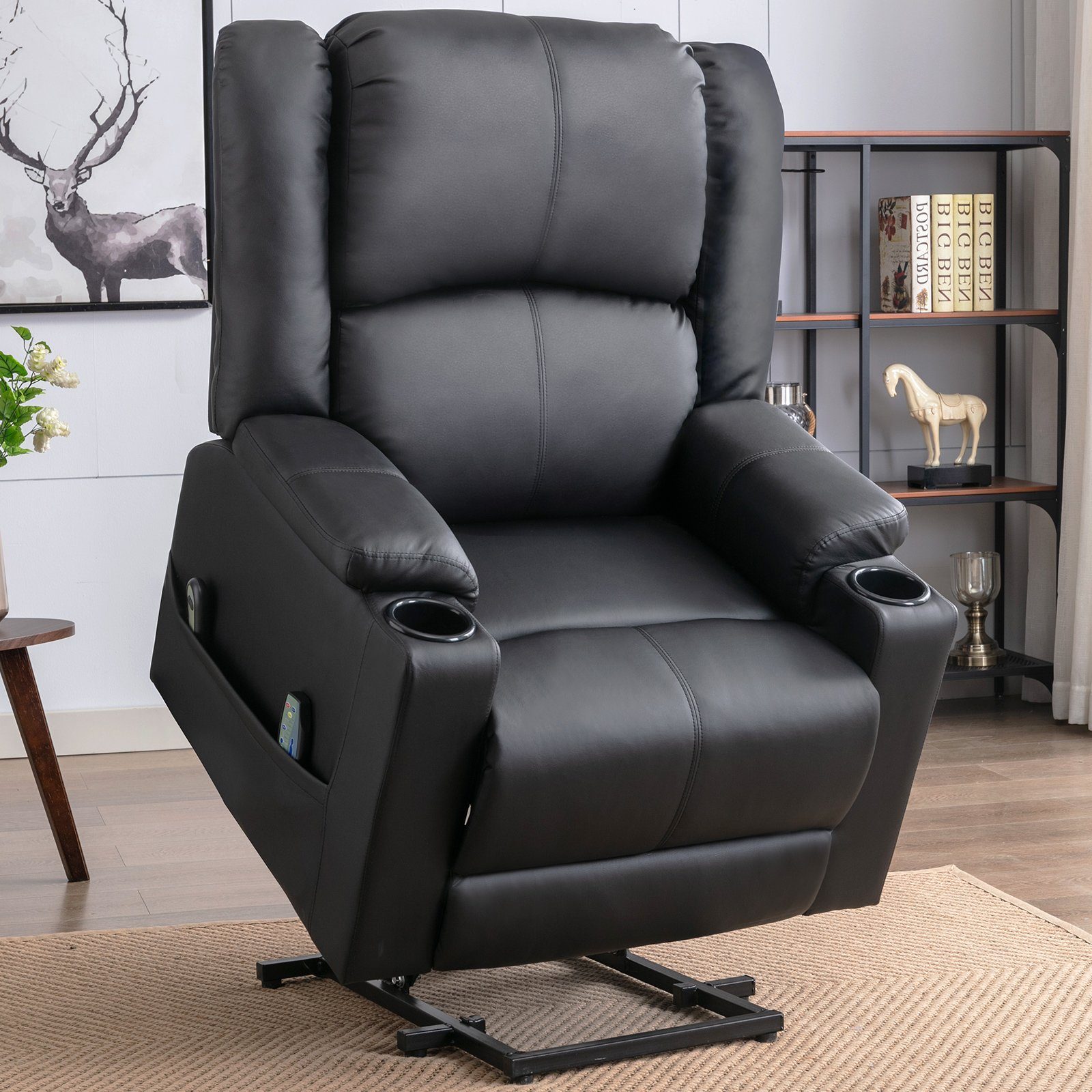 COMHOMA Relaxsessel Powerlift-Liegestuhl Massagesessel für ältere Menschen, mit 2 Seitentaschen und Getränkehalter, Massage & Heizung-Funktion schwarz