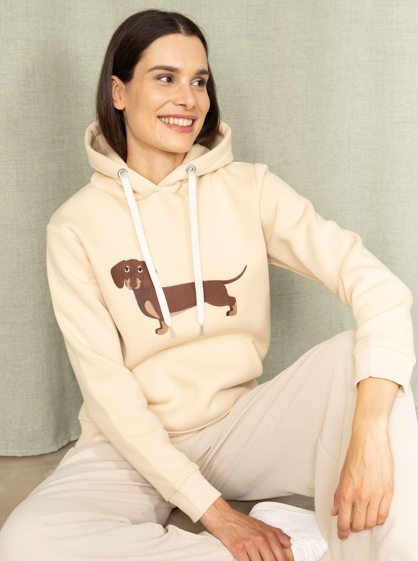 Zwillingsherz Hoodie "Dackel" Stickerei vorne, weiche Fleece Innenseite, bedruckte Kordel
