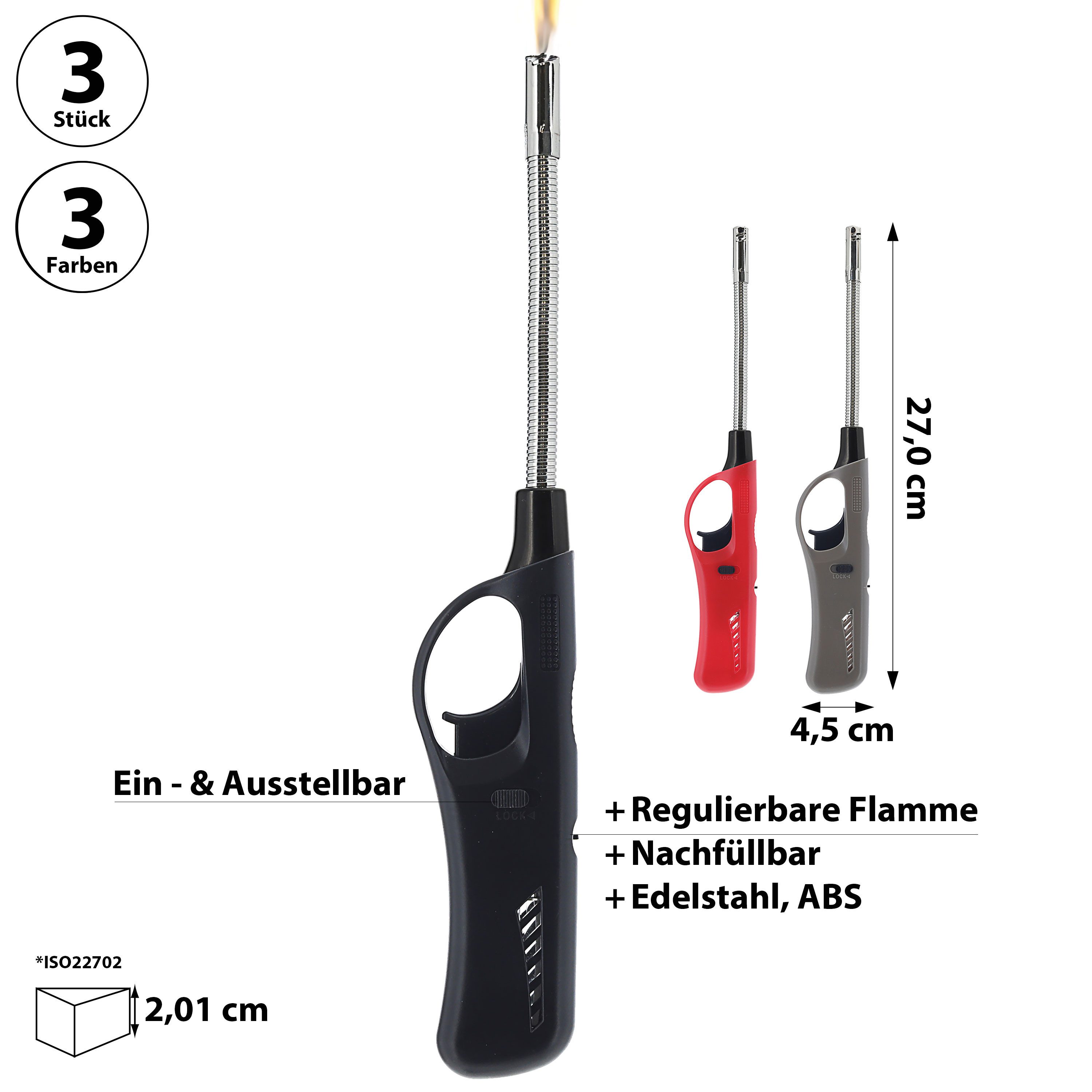 CEPEWA Feuerzeug Stabfeuerzeug 3er Set flexibel 3 Farben ABS Eisen 4,5x27x2cm füllbar – Bild 2 von 5