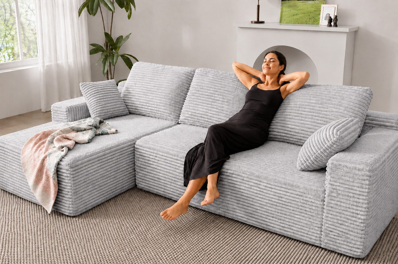 Patbrela Ecksofa Couch L-Form 263cm, Sofa Links Samtstoff Vierersofa mit Liegefläche, keine Montage erforderlich